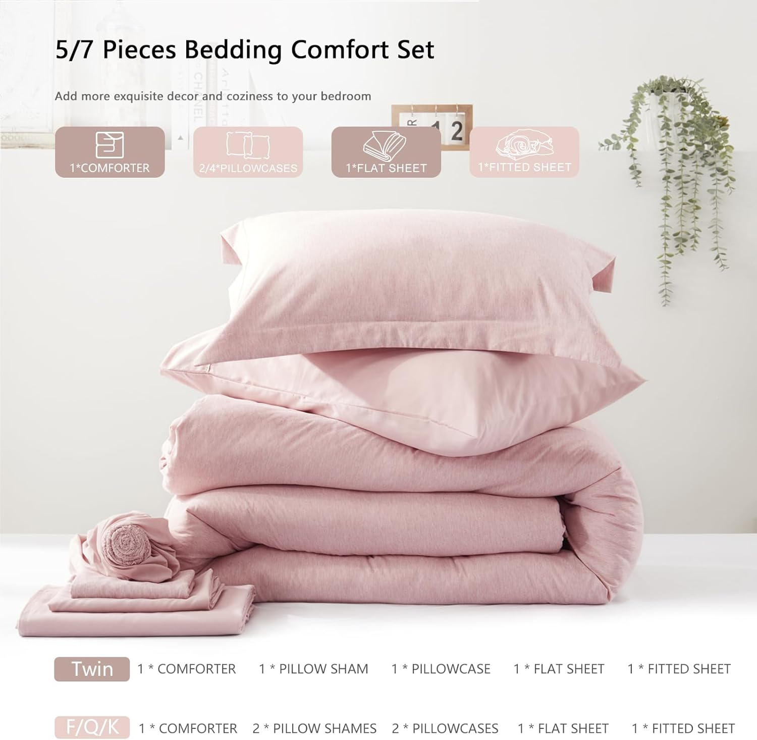 UNILIBRA Juego de edredón matrimonial de 7 piezas, cama rosa en una bolsa, tamaño matrimonial, suave para todas las estaciones, juegos de edredón de