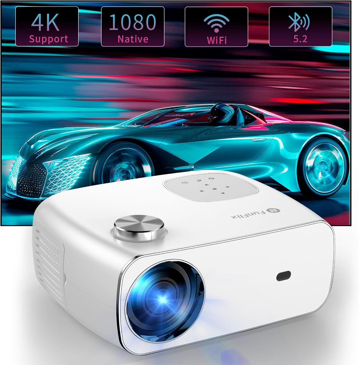 Proyector WiFi 5G con Bluetooth, FunFlix Mini proyector portátil, proyector nativo 1080P 4K, 18000 lúmenes de alto brillo, pantalla gigante de 300
