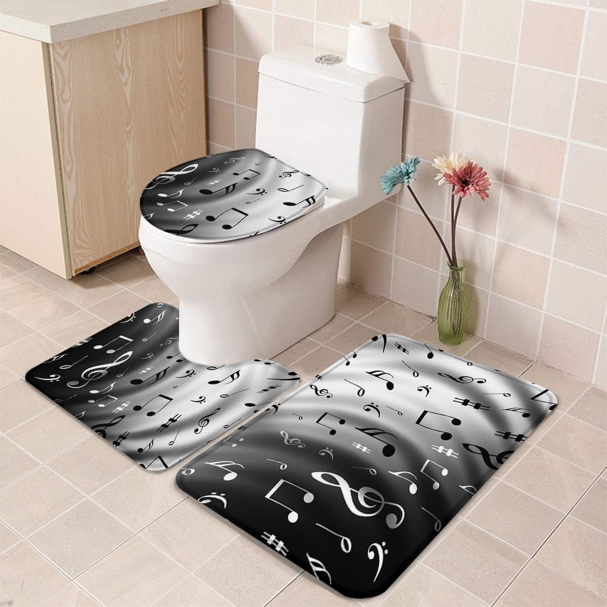 Juego de 3 alfombras de baño con nota musical, incluye tapete de contorno antideslizante, cubierta de tapa de inodoro en forma de U y tapete de baño