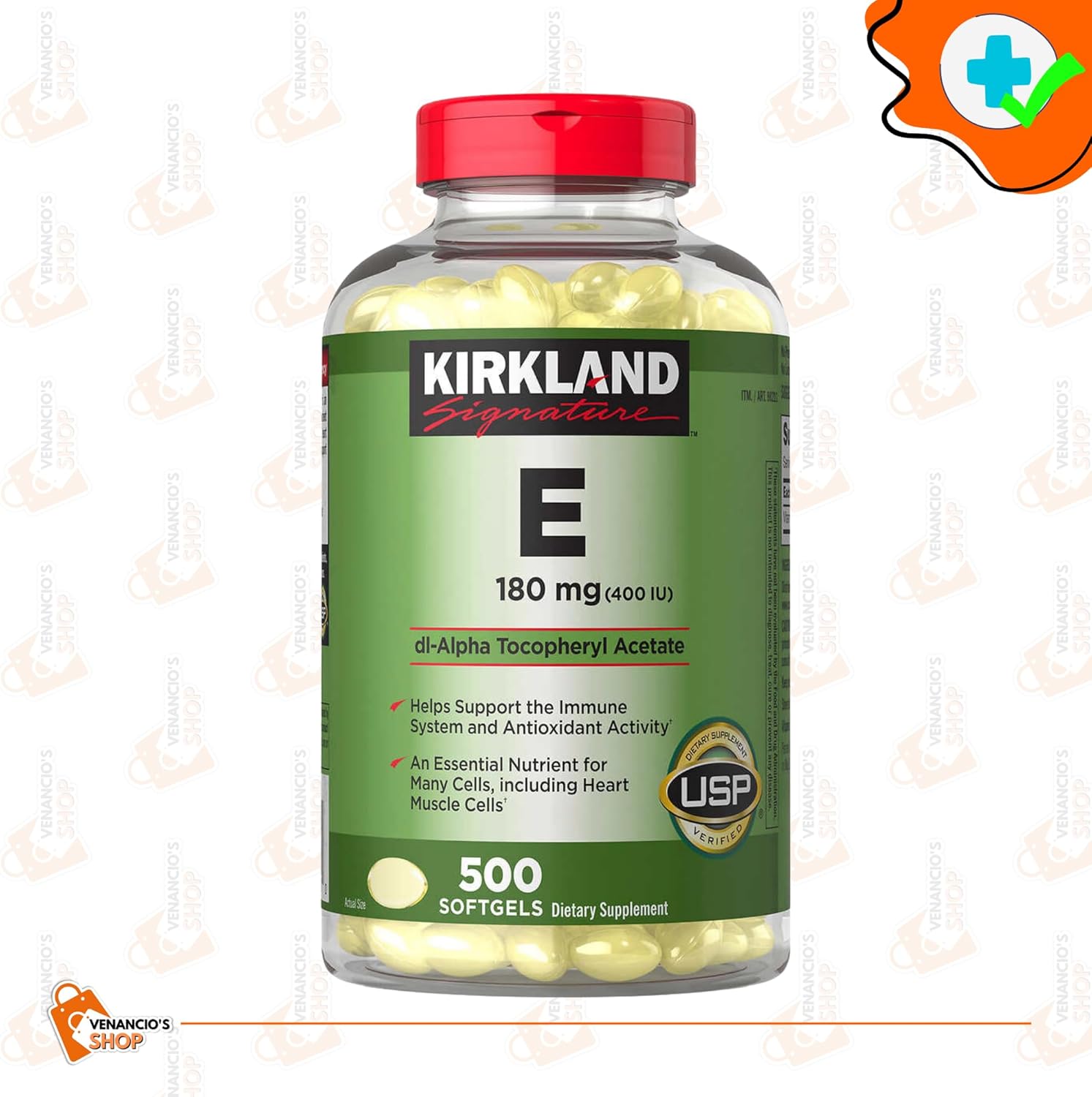 Kirkland Vitamina E 400 UI cápsulas blandas 500 unidades, VIT E 180mg para mujeres y hombres + incluye adhesivo Venancio’sBox (paquete de 1)