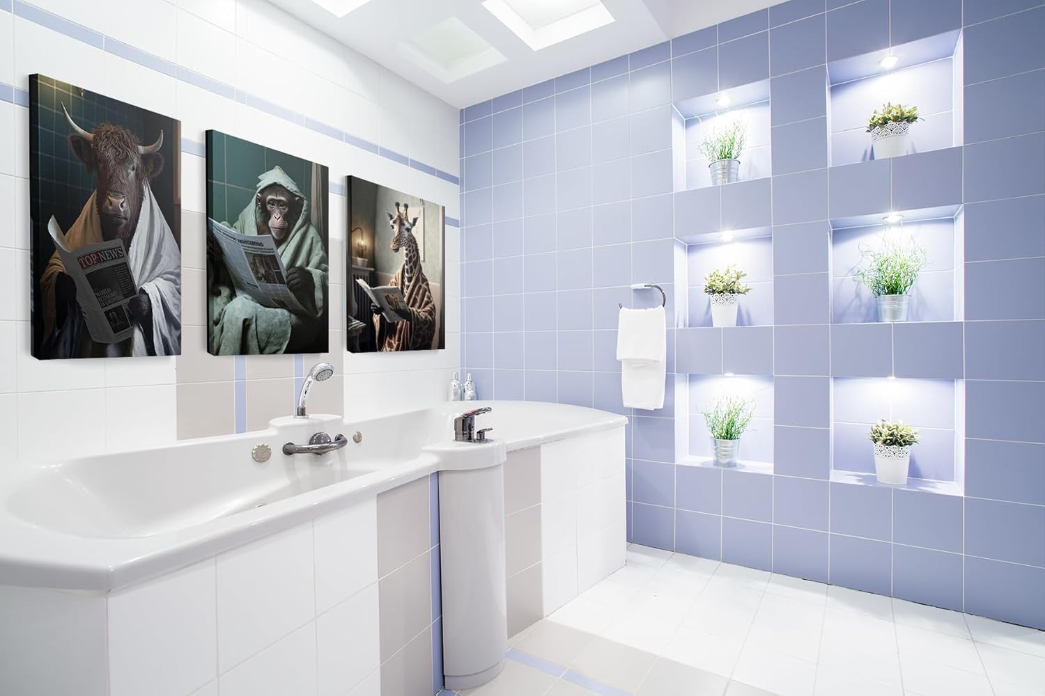 Divertido lienzo de pared para baño, vaca de las tierras altas en el inodoro, pintura vintage con estampado de animales, decoración moderna de pared
