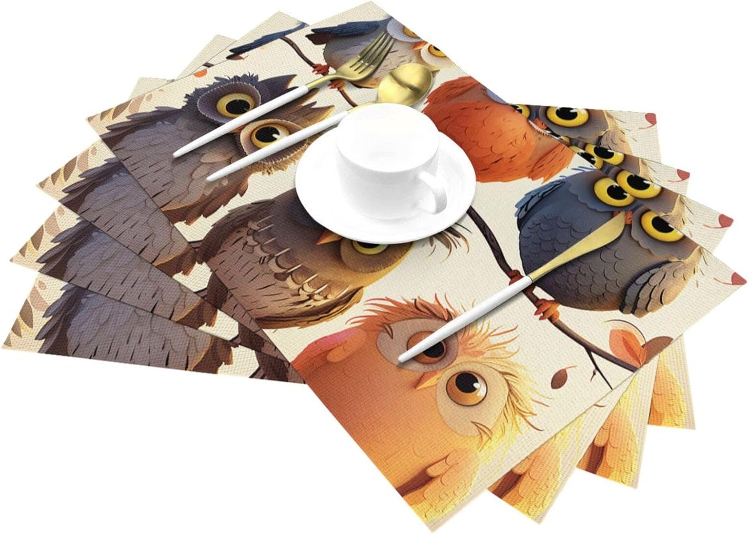 1 juego de manteles individuales de PVC con estampado de búhos y pájaros, manteles individuales tejidos de PVC, antideslizantes, resistentes al