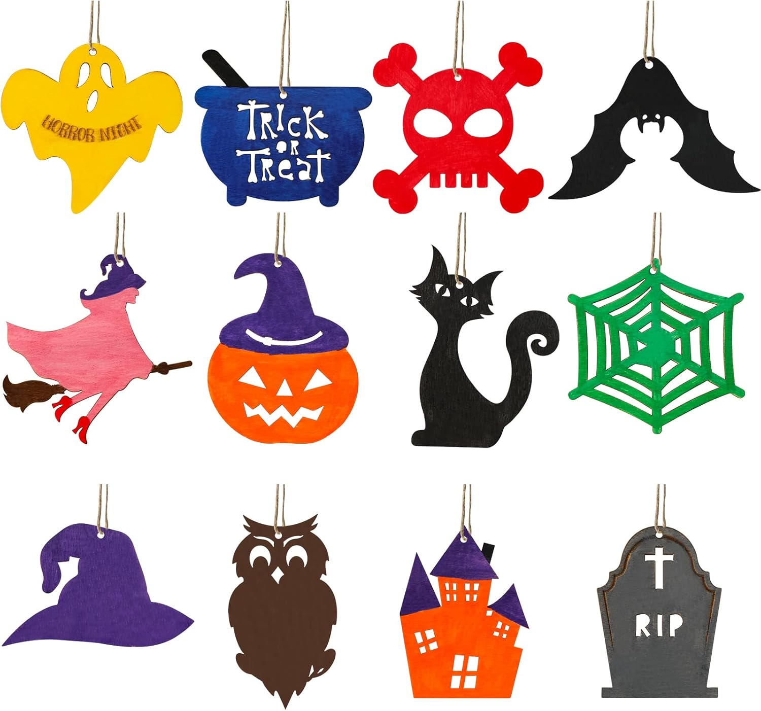 MGparty Manualidades de Halloween, 60 piezas de rebanadas de madera de Halloween, manualidades de madera natural sin terminar, adornos preperforados