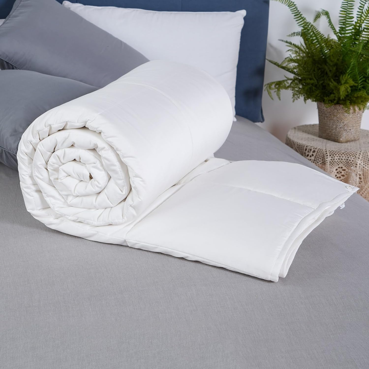 Edredón de lana tamaño King para todas las estaciones, funda de algodón orgánico ultrasuave y silencioso, medio cálido, lavable (blanco perla)