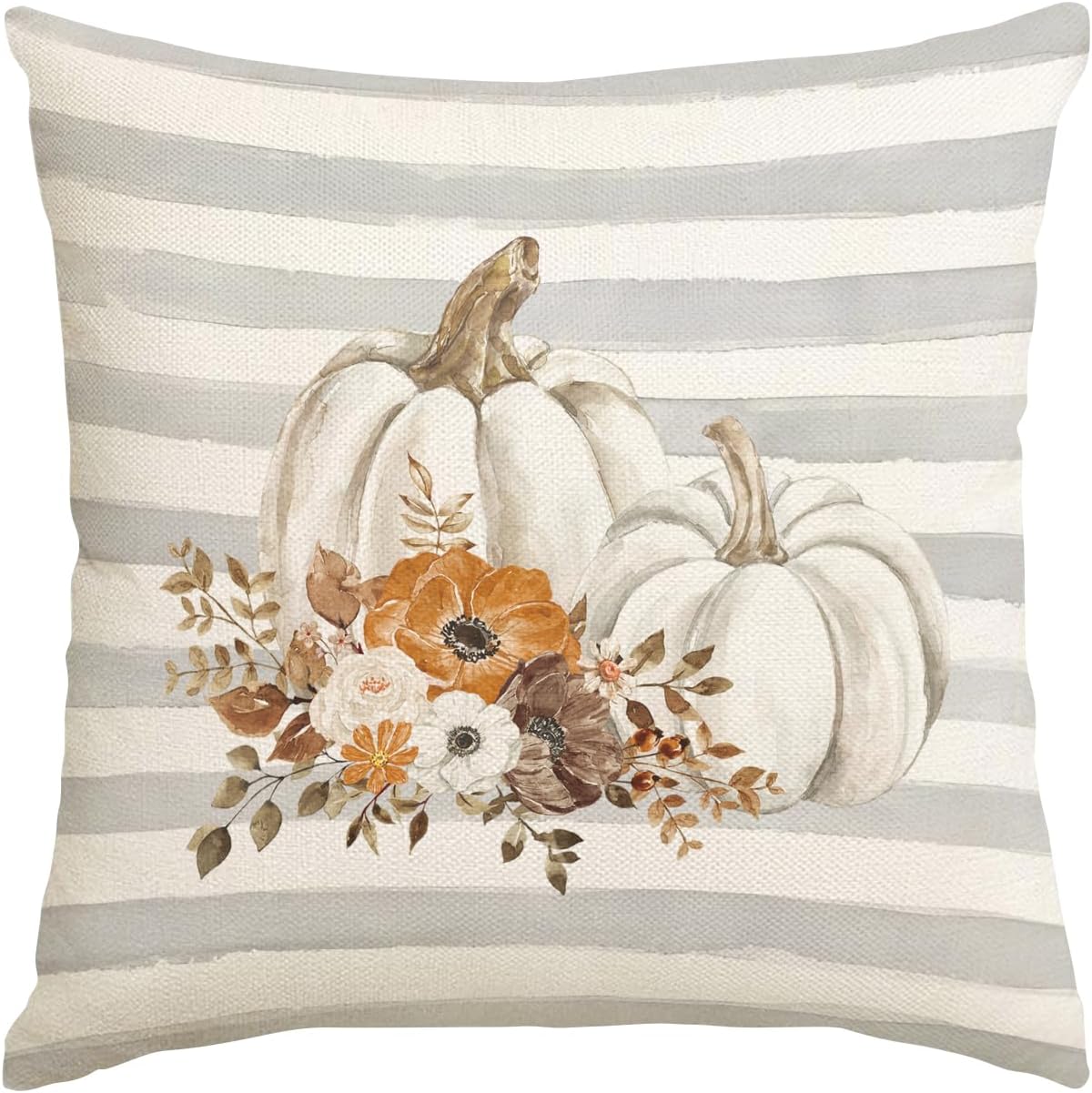EKOREST Fundas de almohada de otoño de Acción de Gracias de 18 x 18 pulgadas, diseño de calabazas de rayas blancas con flores, decoración de otoño