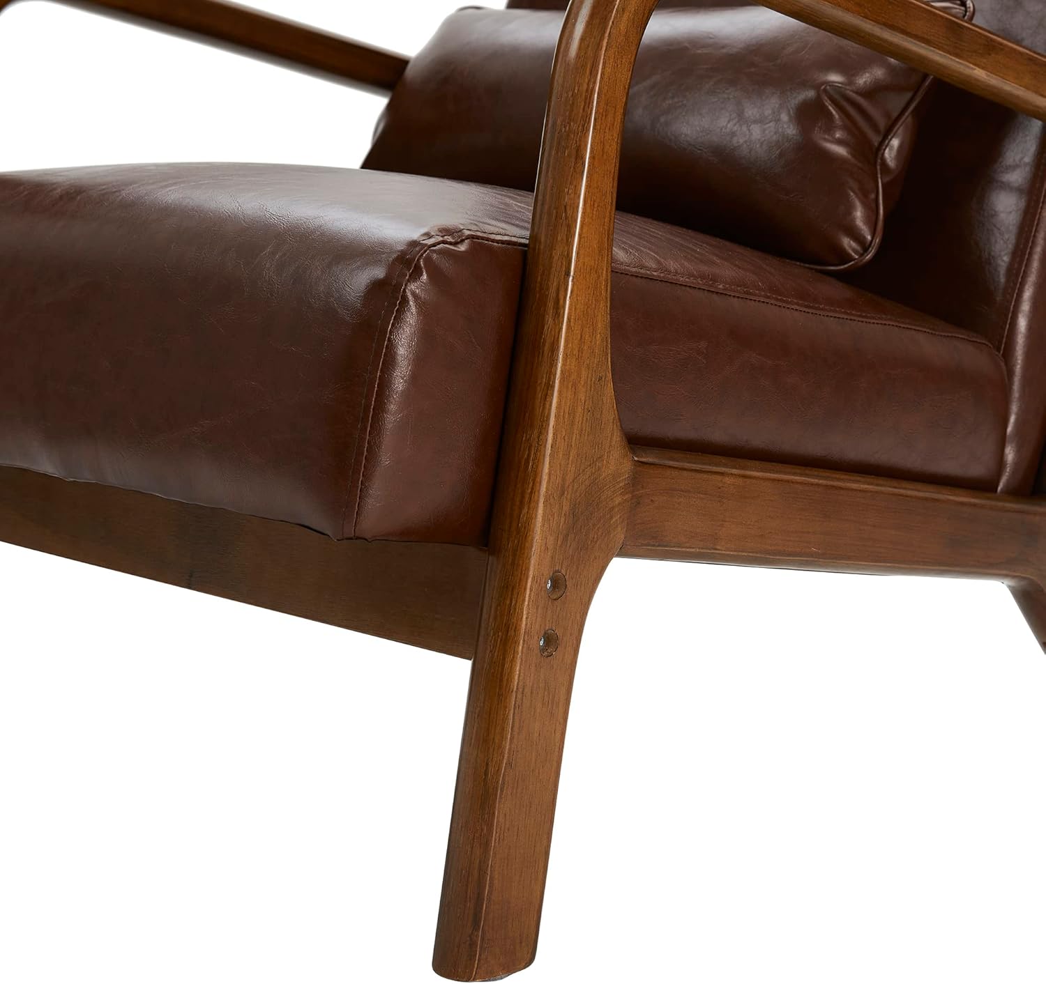 glitzhome 30.75 “H Mid Century Coffee Accent Sillón, Sillón de lectura individual Silla de salón de cuero PU con marco de madera de caucho nogal