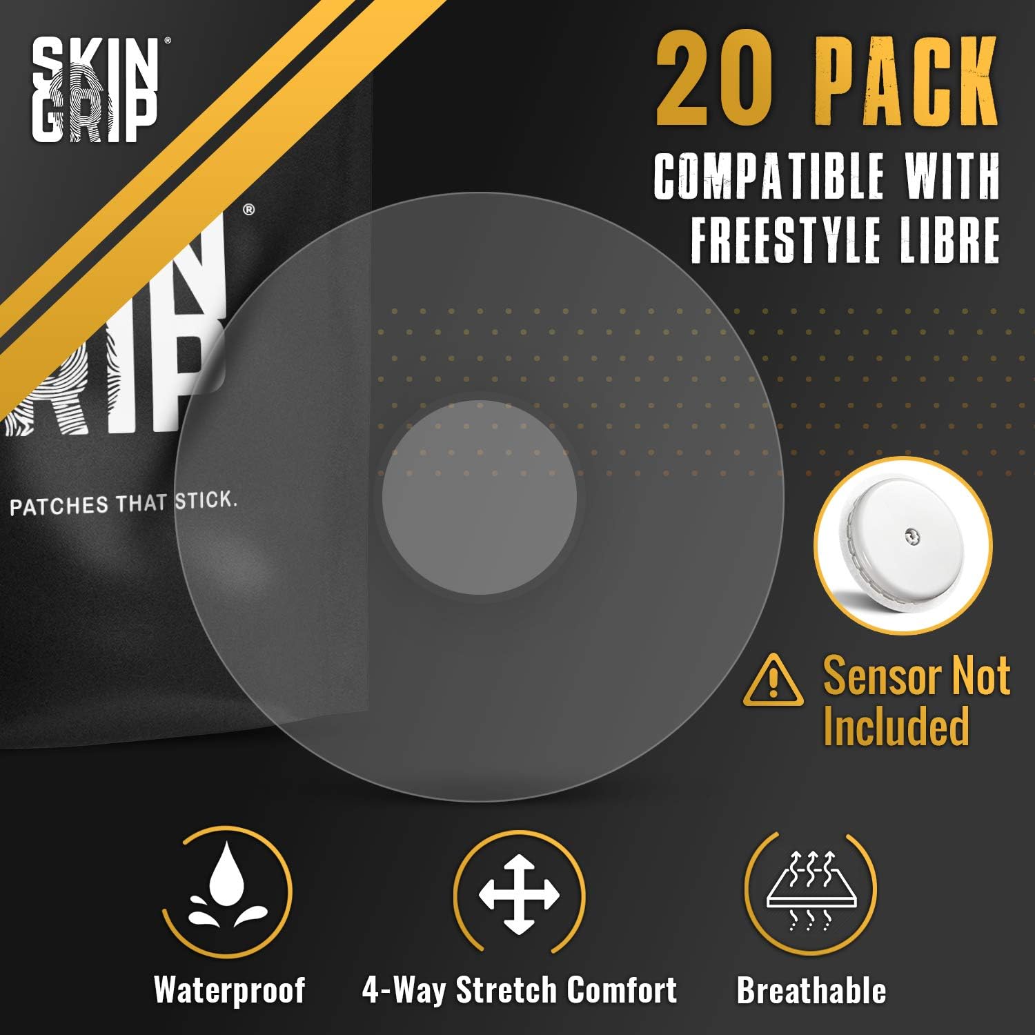 Skin Grip Adhesive Patches for Freestyle Libre 2  Waterproof & Sweatproof for 10-14 Days, Pre-Cut Adhesive Tape, Continuous Glucose Monitor Sensor