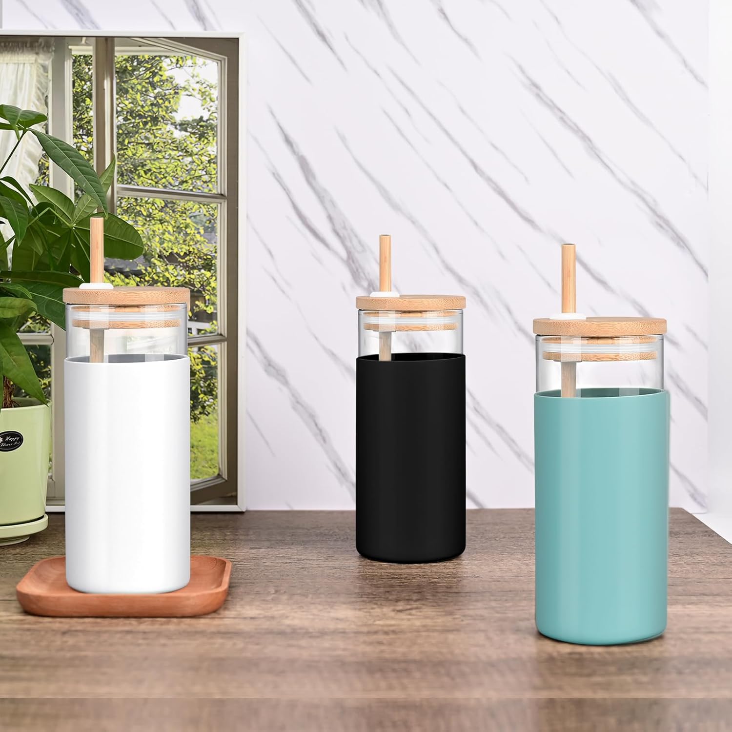 Vaso de vidrio de 20 onzas con popote y tapa, taza de café helado con funda protectora de silicona aislada antideslizante, vasos para agua, café,