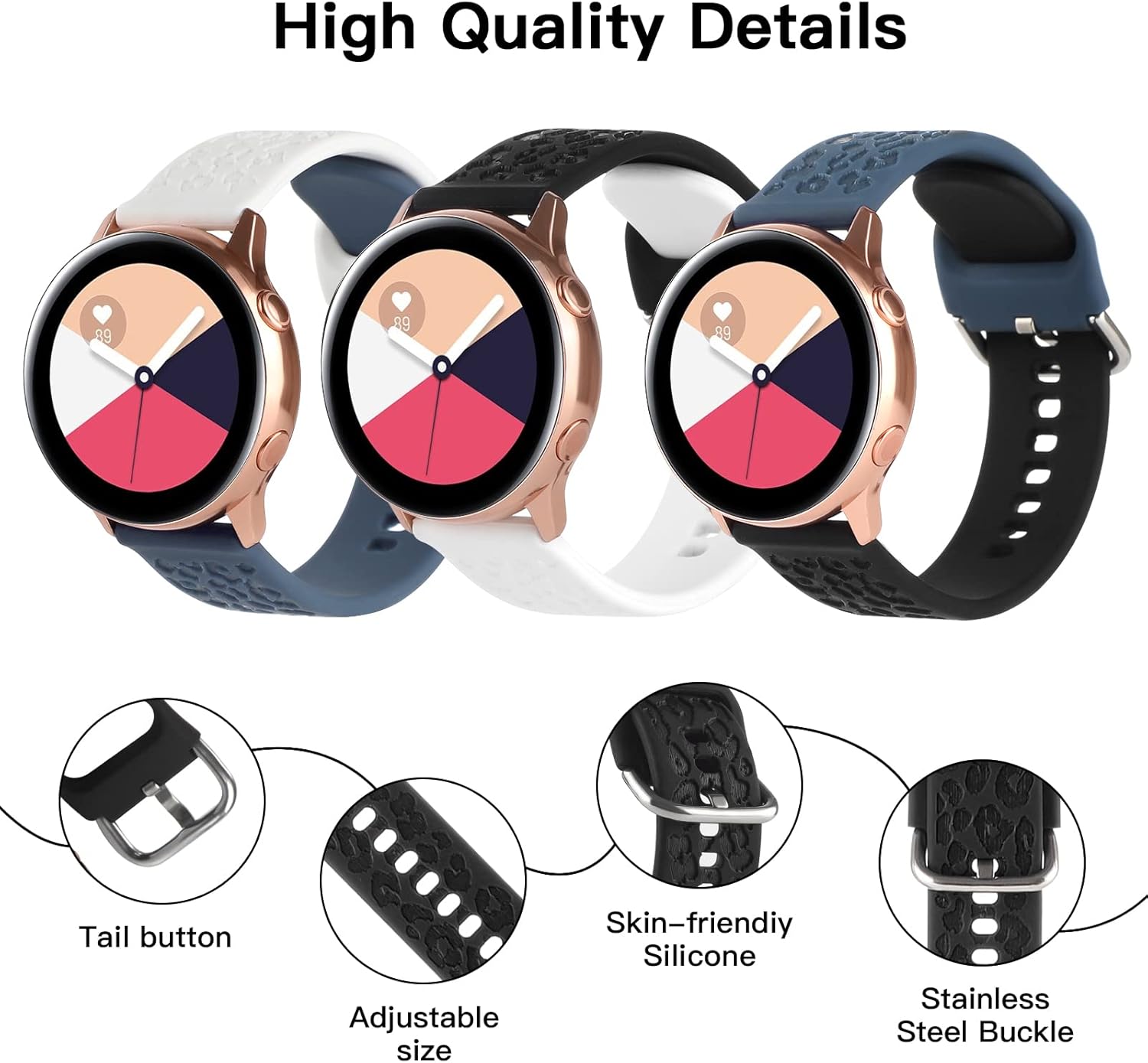 Paquete de 3 correas grabadas de guepardo compatibles con Samsung Galaxy Watch 4 de 1.575in, 1.732in, Watch 3 de 1.614in, Active 2, 1.575in,