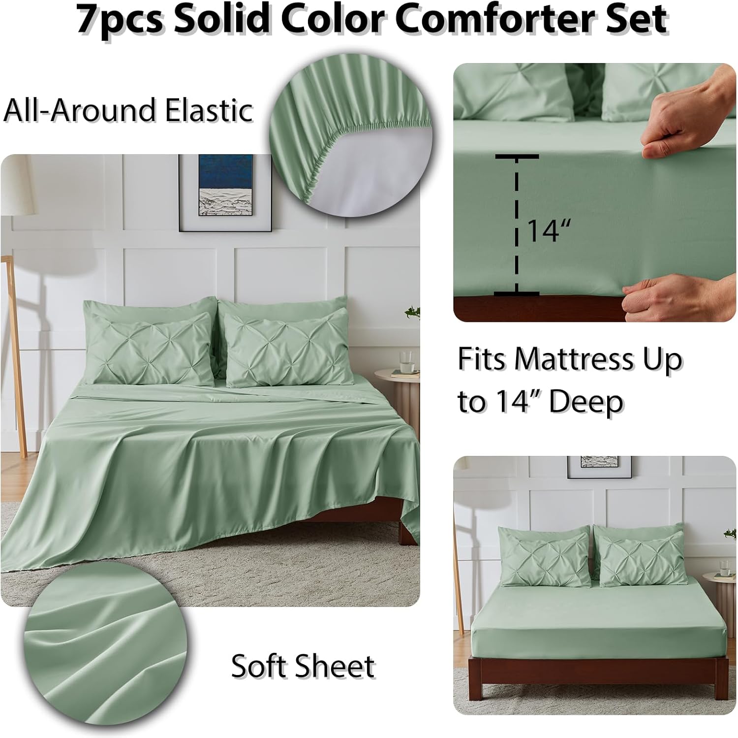 CozyLux Juego de edredón Queen de 7 piezas, tamaño Queen, color verde salvia, juego de ropa de cama plisada en una bolsa con edredón para todas las