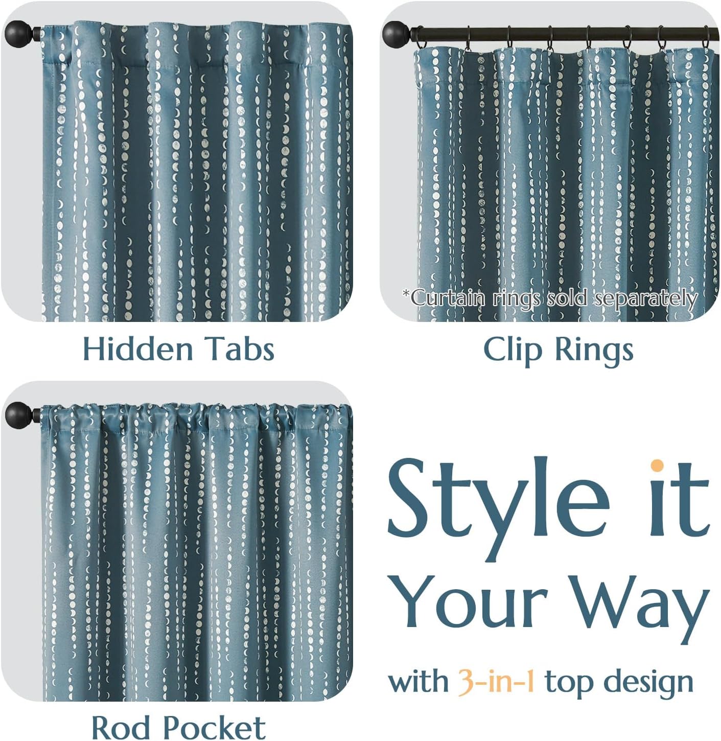 jinchan Cortinas bohemias 100% opacas con estampado de fases lunares de 63 pulgadas de largo, cortinas azules con bolsillo para barra, pestañas