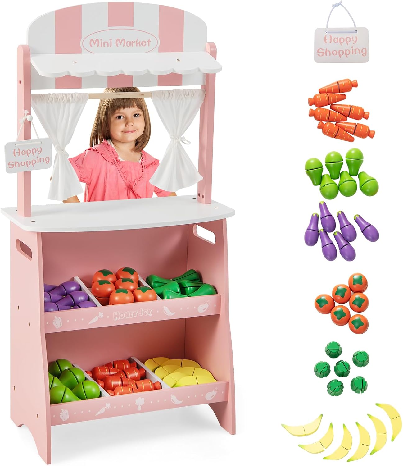 HONEY JOY Juego de tienda de comestibles para niños, soporte de madera para frutas con 36 accesorios para cortar alimentos y verduras, tienda de