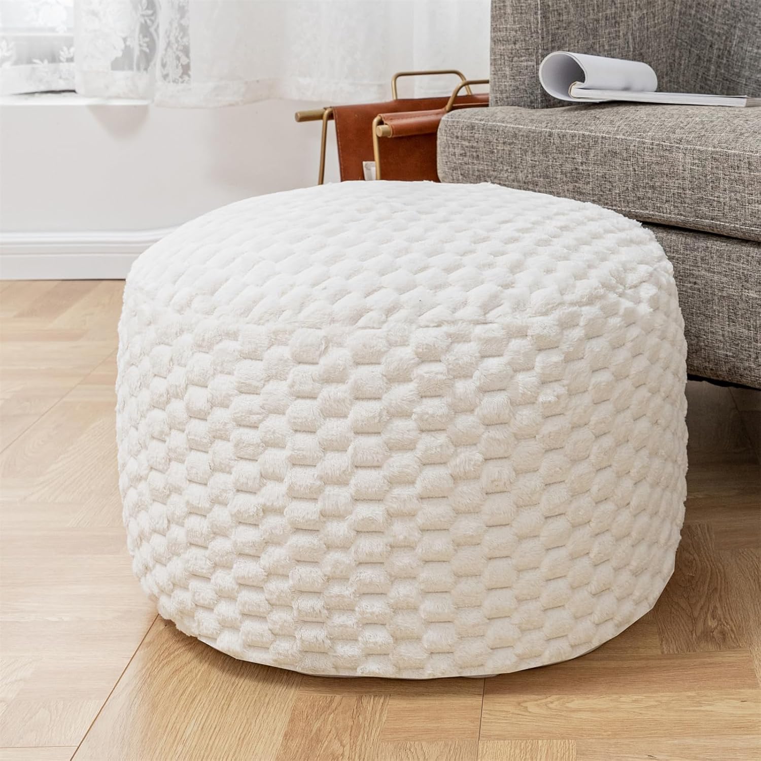 Puf otomano redondo de relleno de 20 x 20 x 12 pulgadas, otomano de piel sintética, reposapiés, taburete para debajo del escritorio, ideal para sala