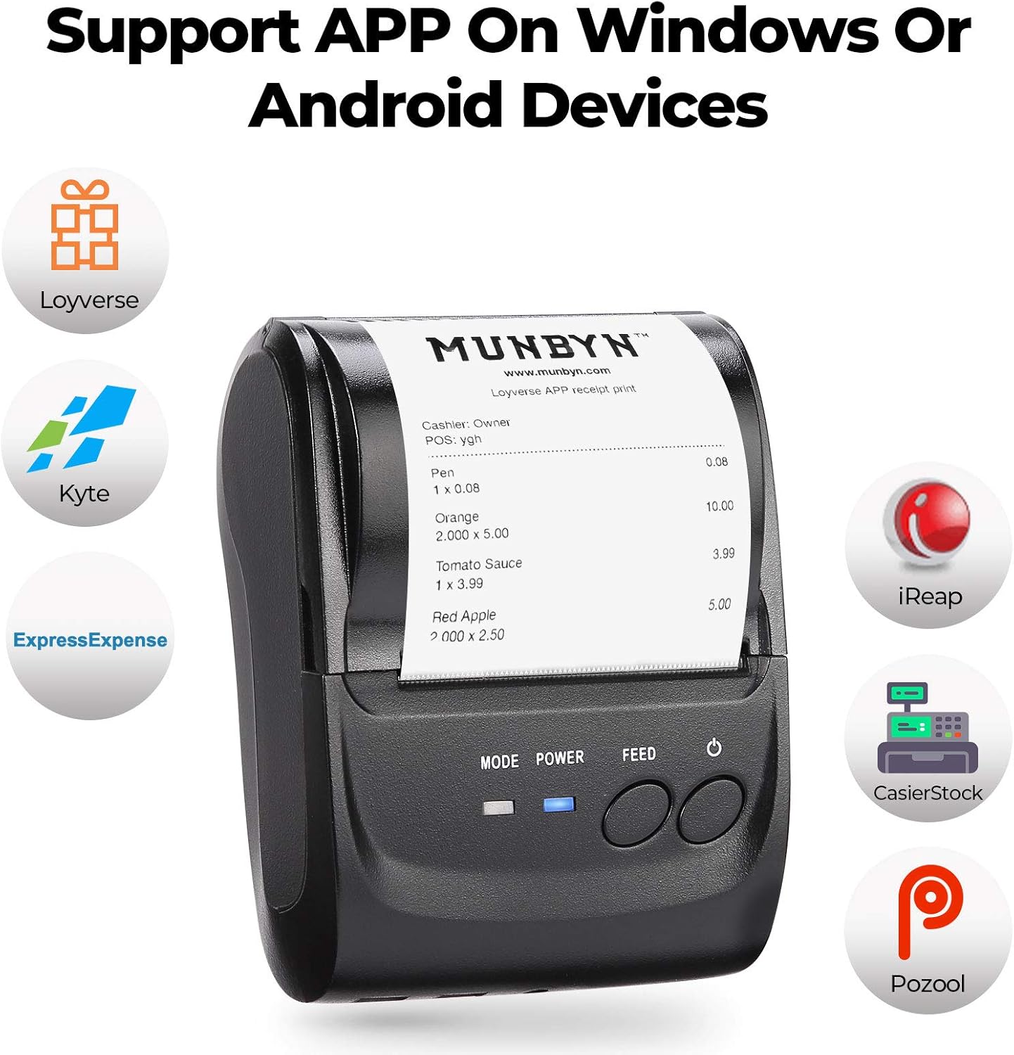 MUNBYN Mini impresora de recibos Bluetooth POS de 2.283 in, impresora térmica portátil inalámbrica de 2.28 pulgadas y papel térmico de 2 14 x 50