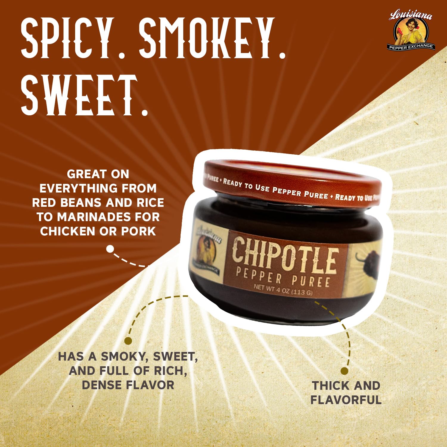 Louisiana Pepper Exchange Chipotle – Salsa de puré de pimienta, picante, ahumado, condimento de sabor dulce para adobo, aderezo rancho, barbacoa,