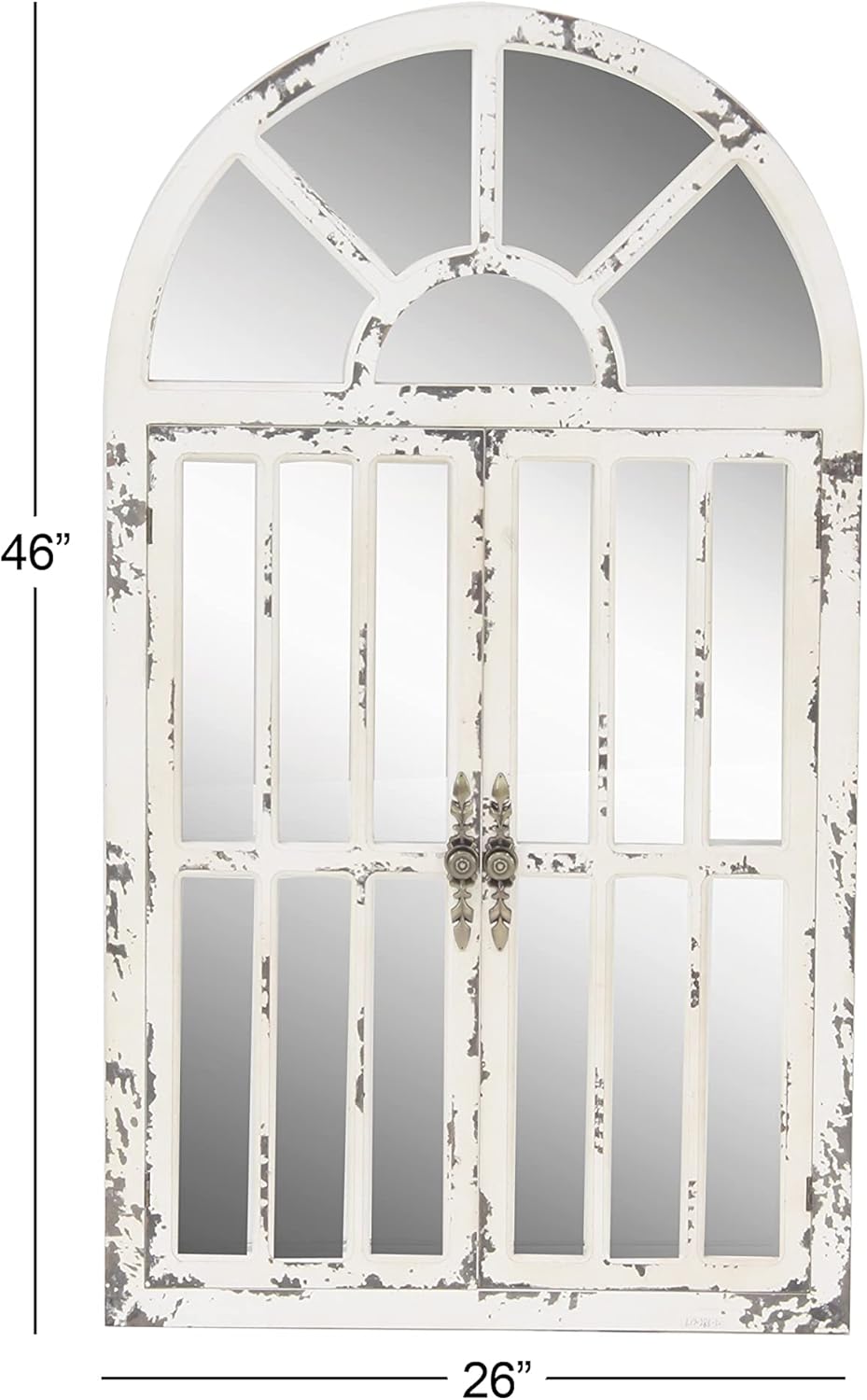 Deco 79 Espejo de pared inspirado en paneles de ventana de madera con parte superior arqueada y desgastado, 26 x 3 x 46 pulgadas, color blanco