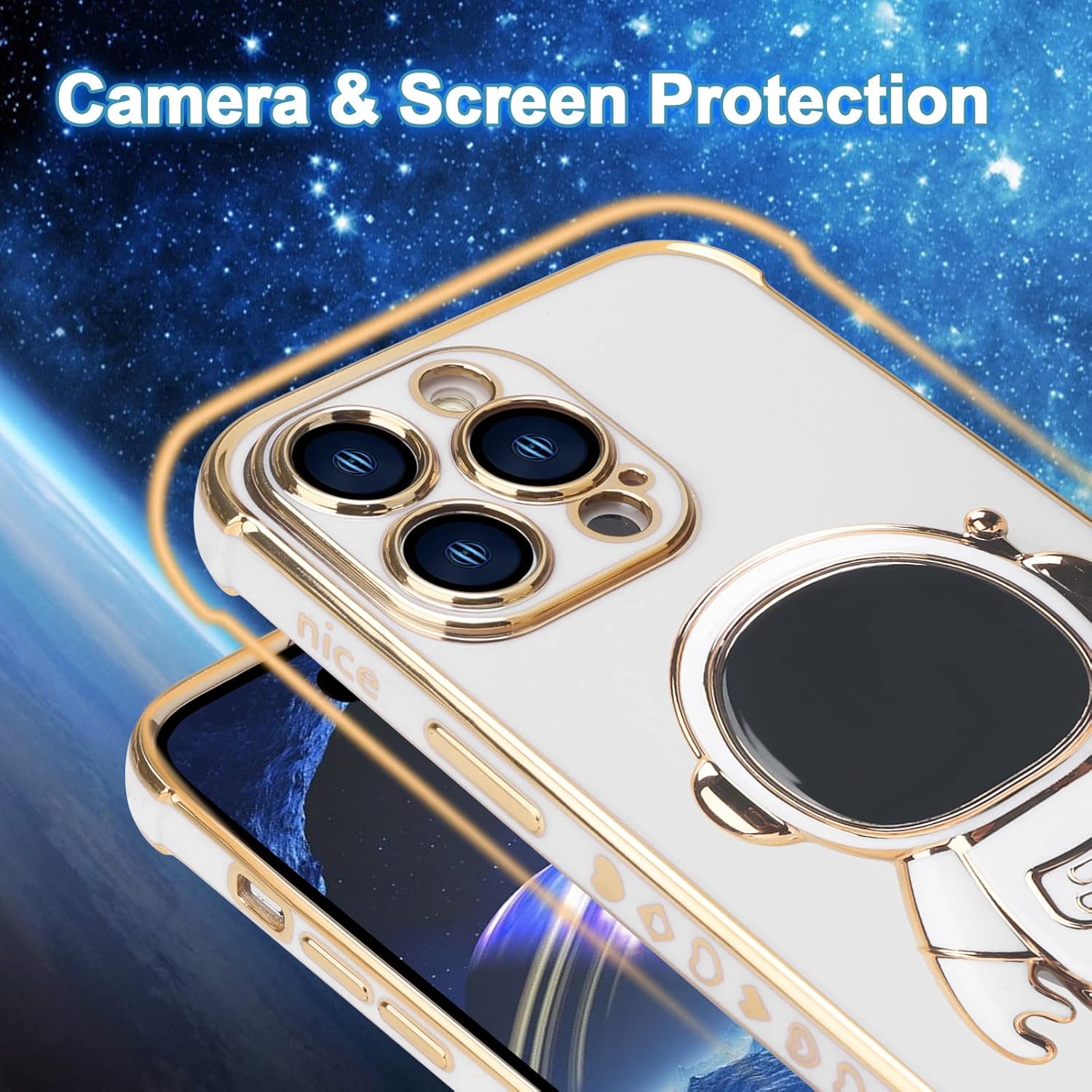 Omio – Funda compatible con iPhone 15 Pro Max con soporte oculto de astronauta, funda de lujo chapado en corazón con borde lateral, pequeño patrón
