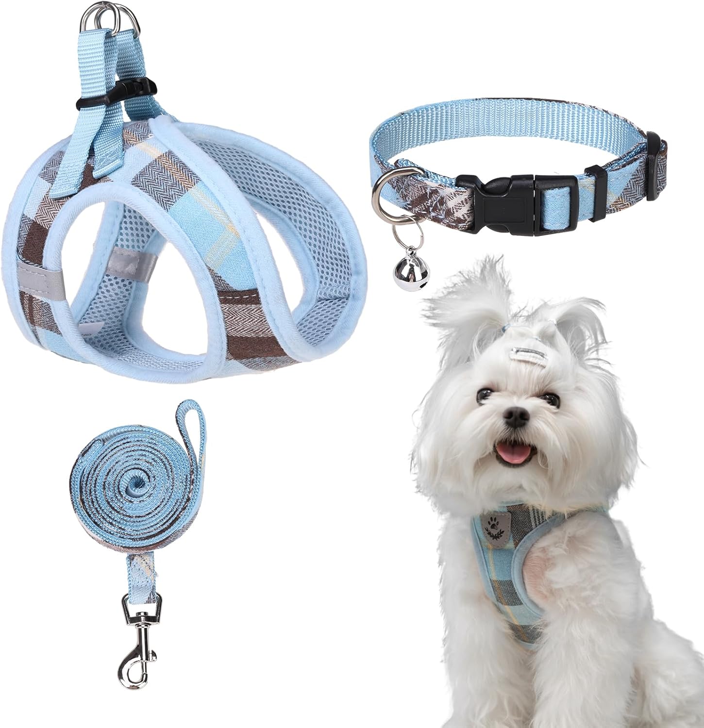 EXPAWLORER Arnés clásico para perro a cuadros, collar y correa para perro pequeño, de malla suave, acolchado, ajustable, sin tirones, reflectante, a