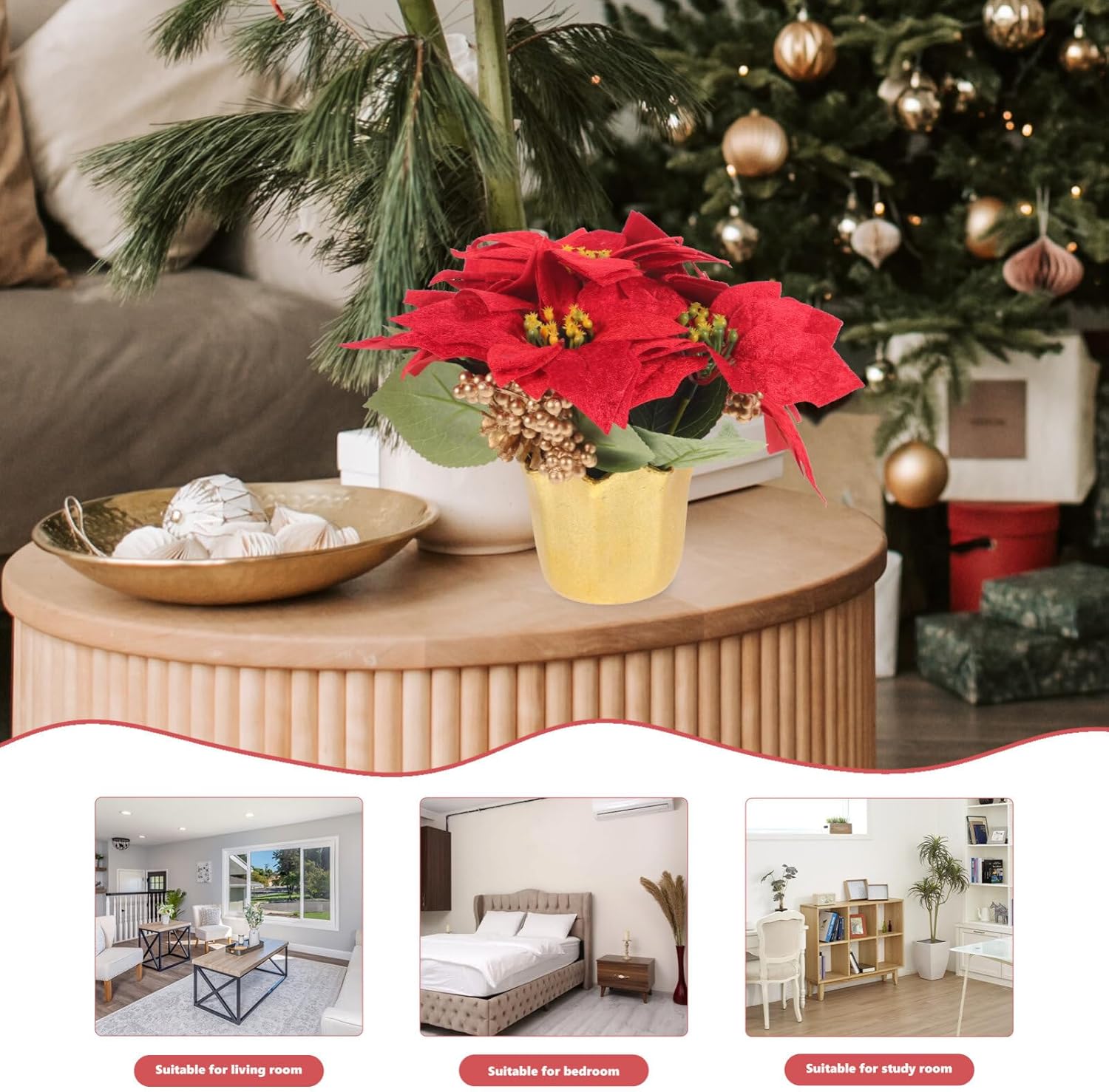 VILLCASE Planta de Pascua roja de Navidad en maceta, flores de Pascua artificiales en jarrón, bayas de pino, decoración de bandeja escalonada de