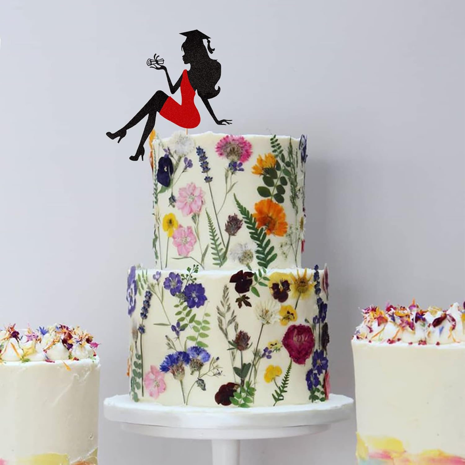 1 pieza de decoración para pastel de graduación 2024 con tapa de graduación con purpurina, diploma de tacón alto para niña, selección de pastel de