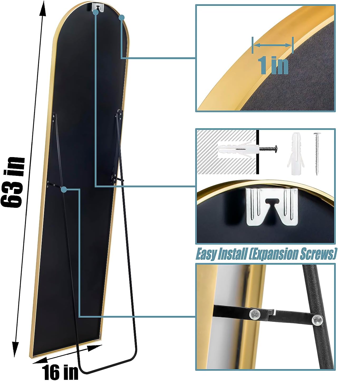 SCWF-GZ Espejo de 63 x 16 pulgadas de longitud completa con marco de metal de aluminio HD para montar en la pared o de pie para entrada, dormitorio,