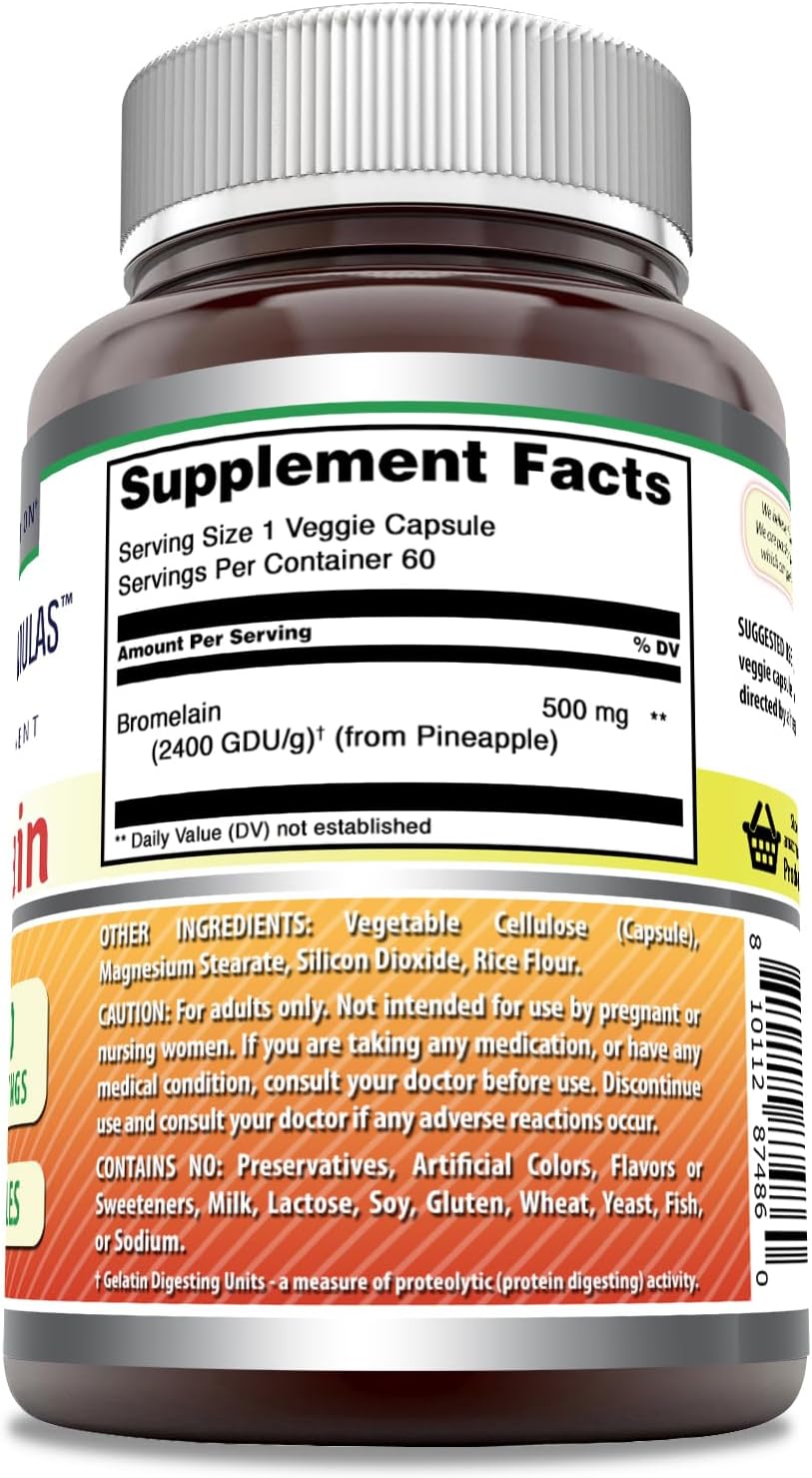 Amazing Formulas Bromelain 500mg 2400 GDU, 60 cápsulas vegetarianas  Sin OMG  Sin gluten  Fabricado en Estados Unidos  Ideal para vegetarianos