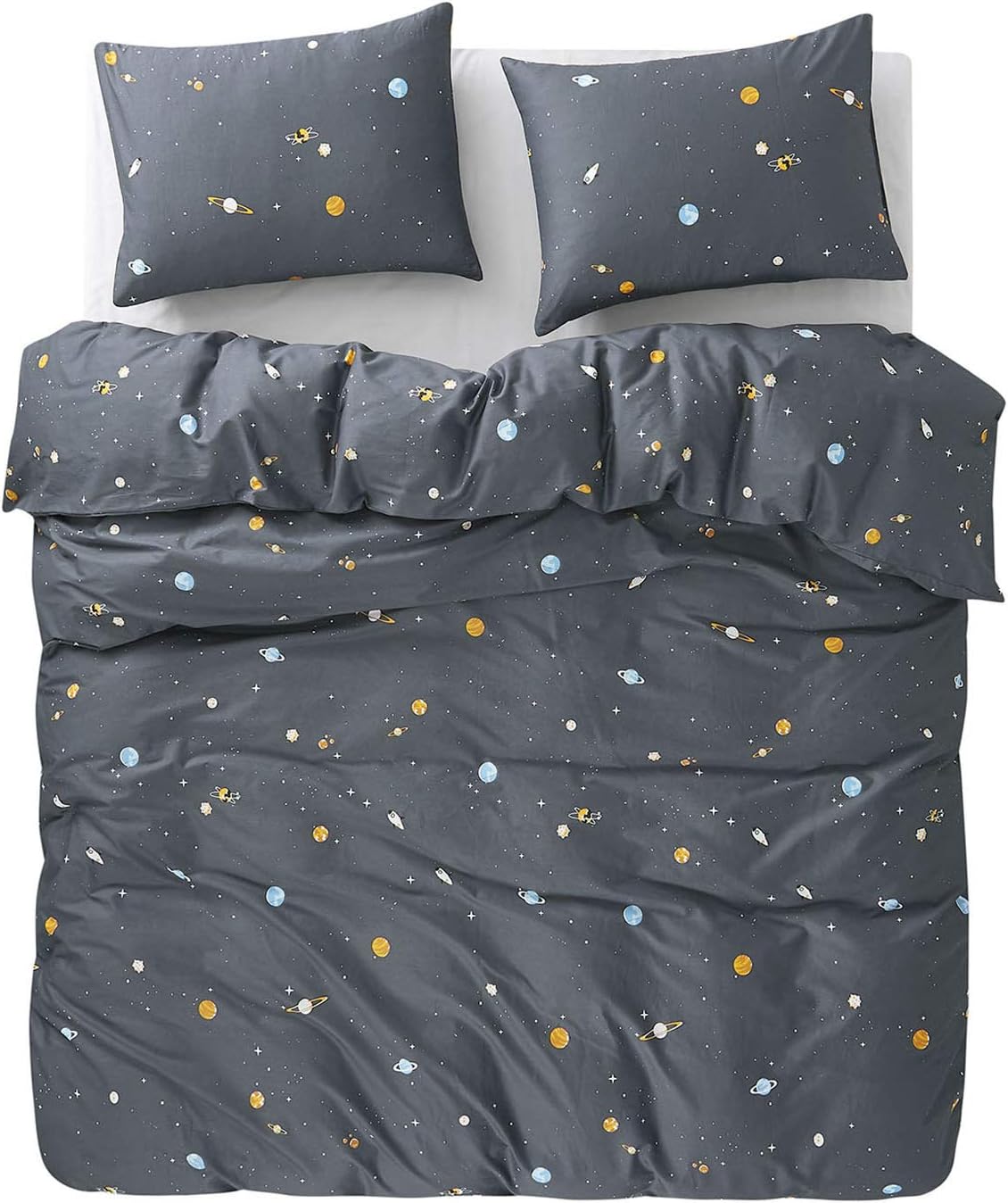 Wake In Cloud – Juego de edredón gris para niños, tamaño matrimonial, 100% tela de algodón, 3 piezas, ropa de cama ligera para dormitorio