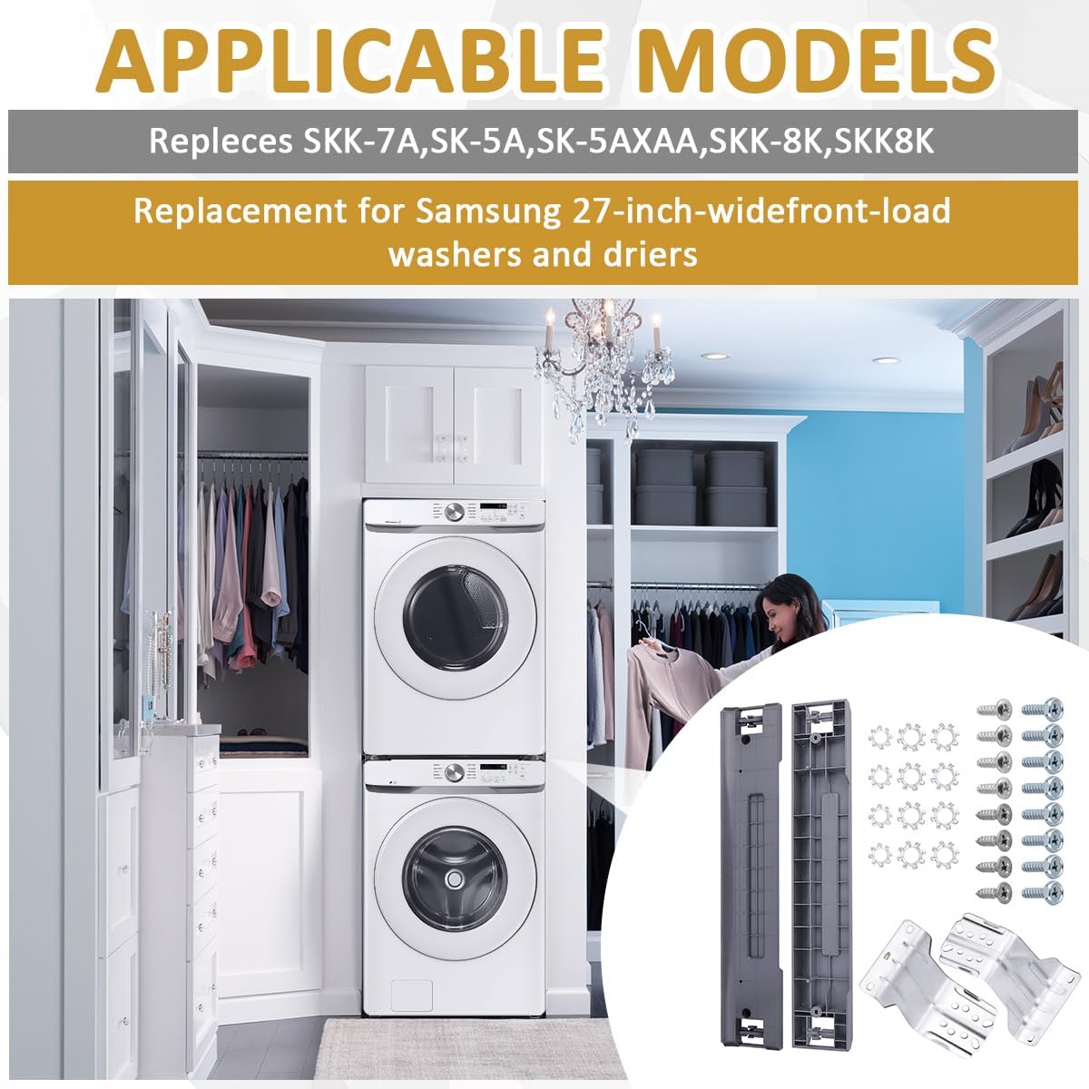 WKZO Skk-7a Skk 8k – Kit de apilamiento de secadora para lavadoras y secadoras Samsung de carga frontal de 27 pulgadas, el kit de apilamiento de