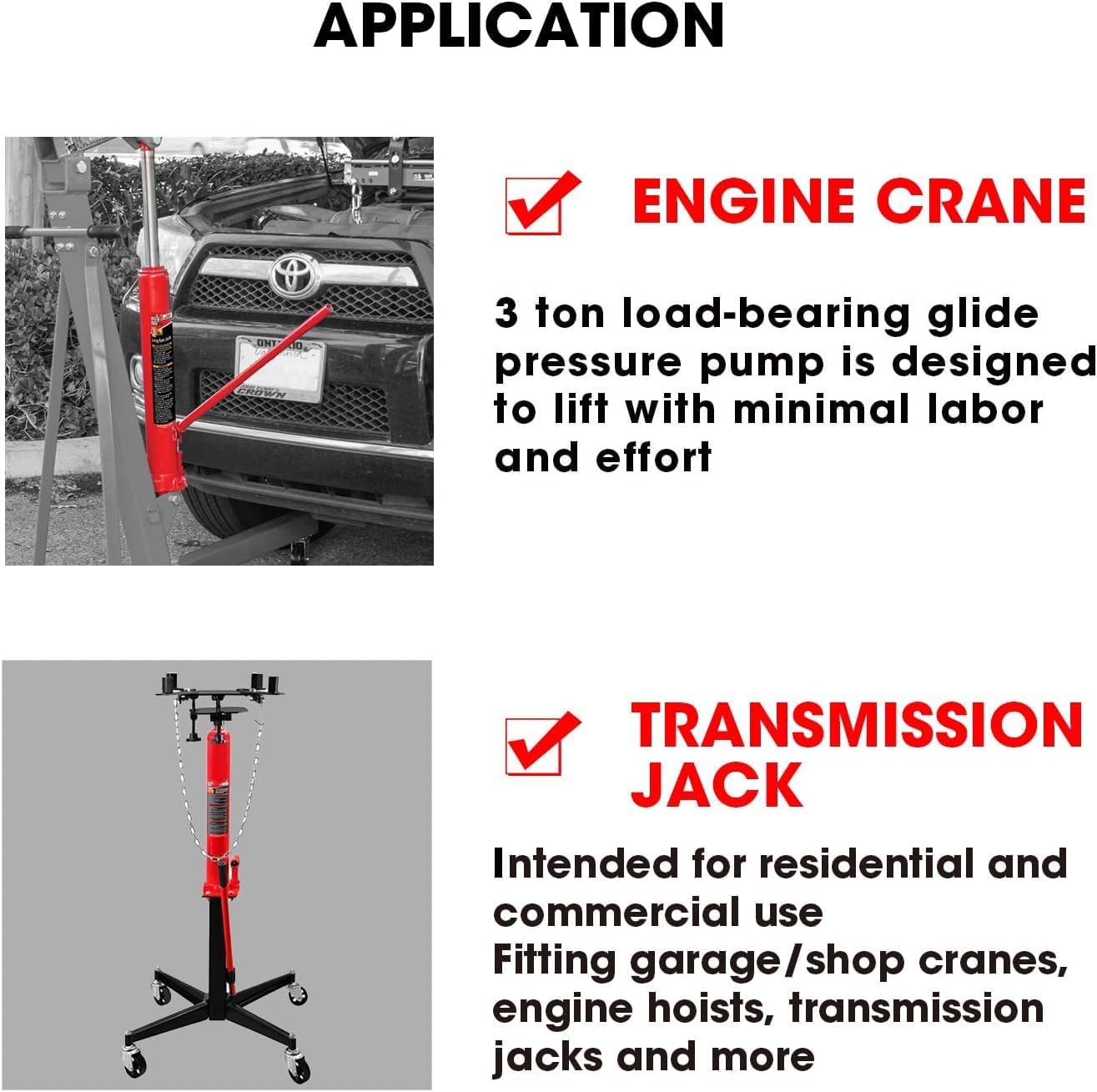 BIG RED Gato hidráulico largo Ram con bomba de pistón simple y base de horquilla (Compatible con garajegrúas de taller, polipastos de motor y más),