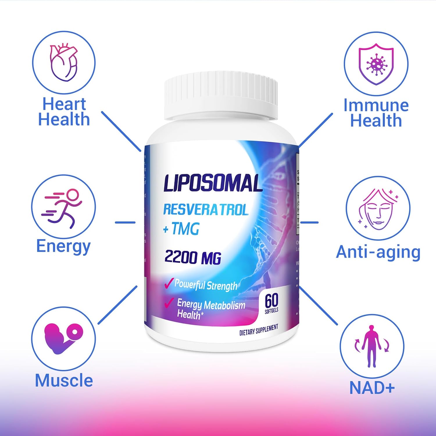 Liposomal 2200 mg de alta dosis de gel suave, trans-resveratrol 1700 mg + TMG 500 mg, potente antioxidante para antienvejecimiento, salud de la