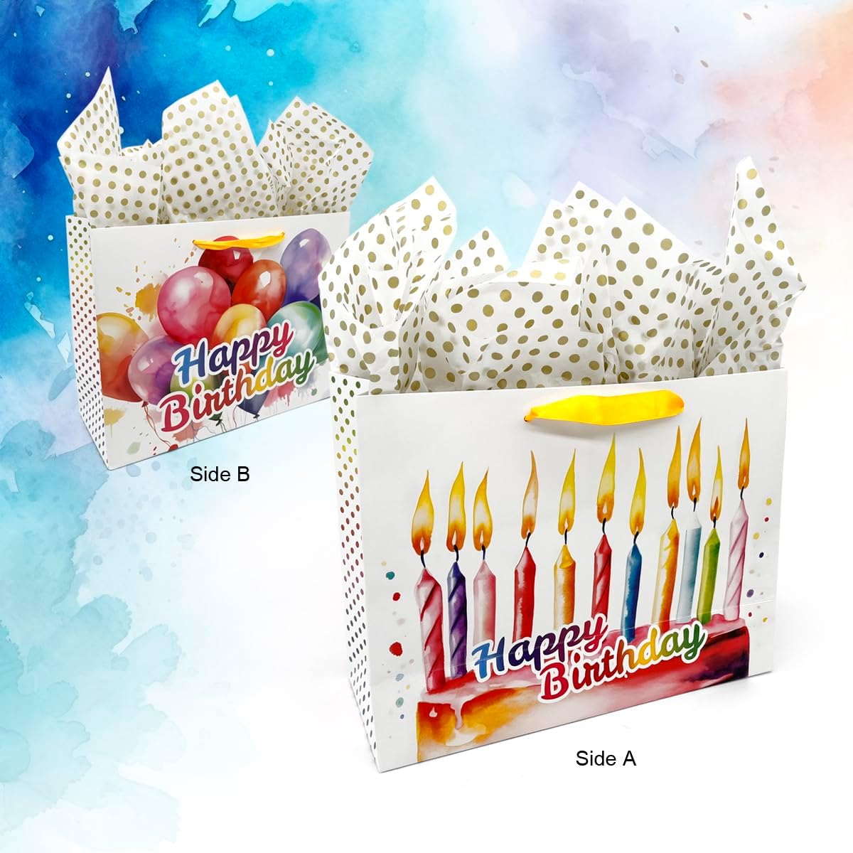 AlsterPlus+ Bolsa de regalo de cumpleaños grande de 13 pulgadas con papel de seda, bolsa de regalo de papel con asas, tarjeta de felicitación y