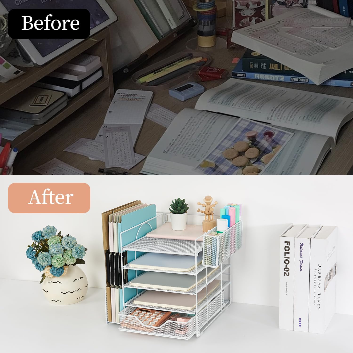gianotter Organizador de bandeja de papel de 5 niveles con soporte para archivos, organizador de escritorio con cajón y soporte para bolígrafos,