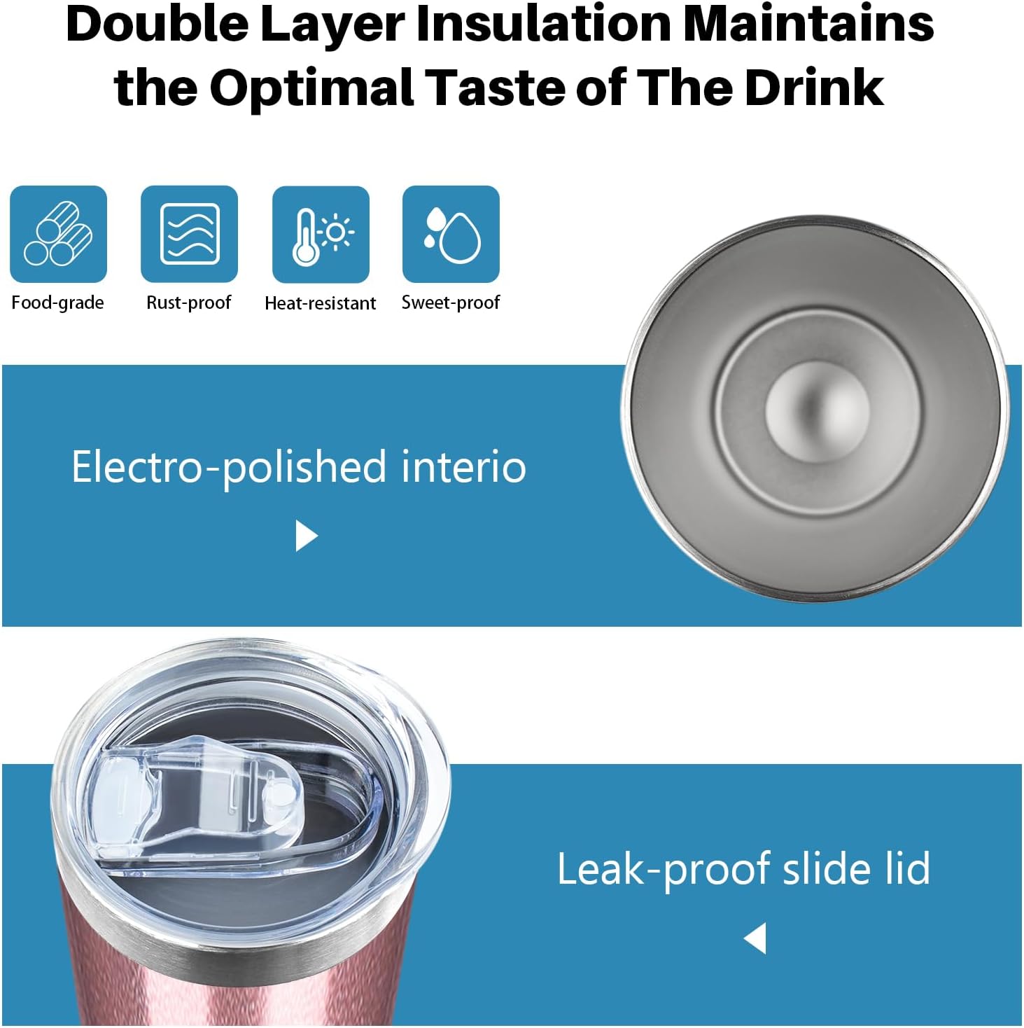 Vaso térmico de acero inoxidable aislado al vacío de doble pared con tapa y popote, para bebidas calientes y frías (oro rosa, 8)