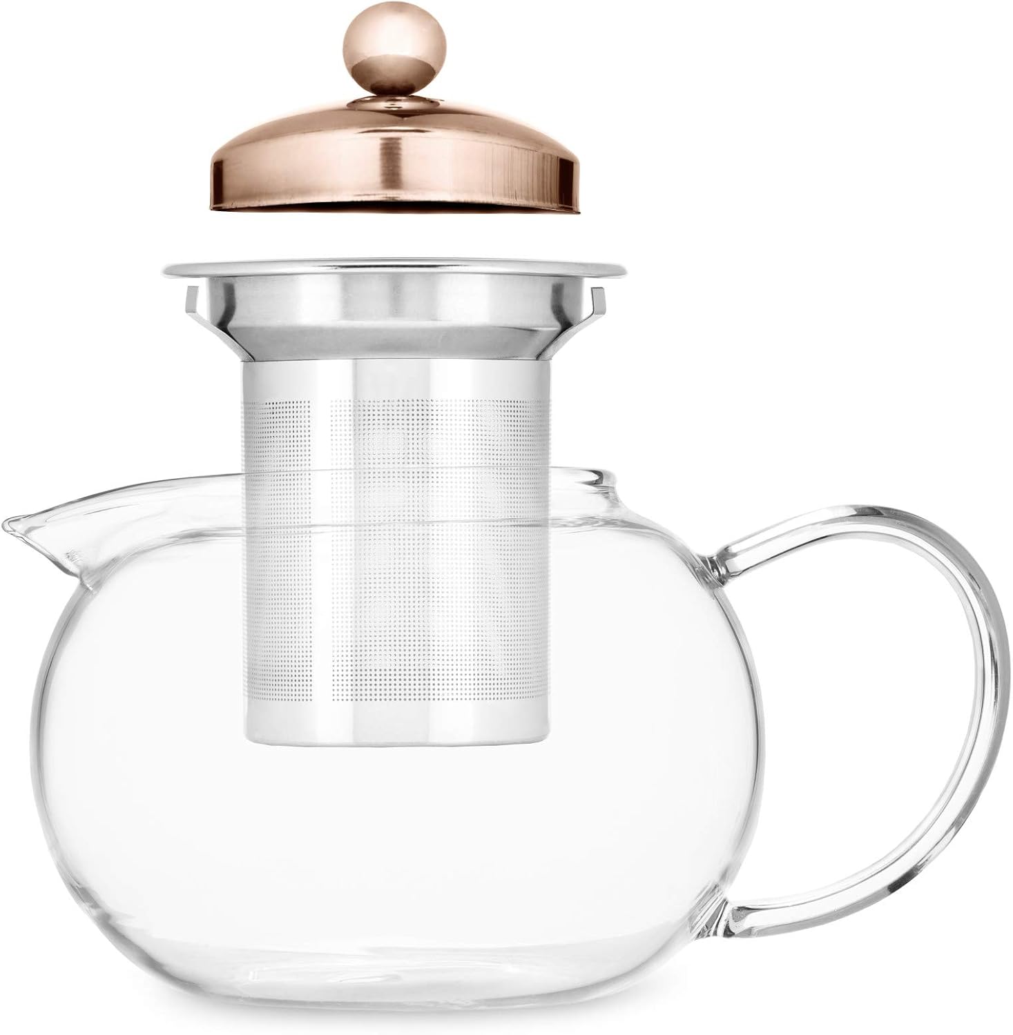 Pinky Up Candace – Tetera de vidrio con tapa de oro rosa, olla de té con infusor extraíble de acero inoxidable y tetera para té suelto, 28 onzas