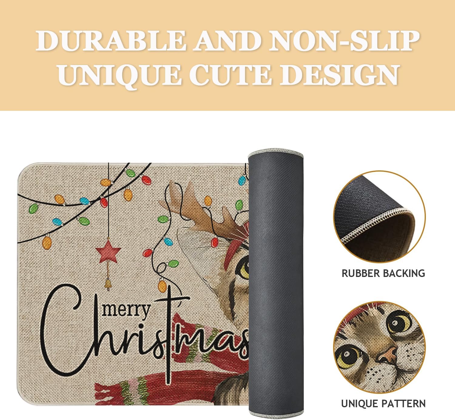Roszwtit Tapete de puerta de gato de Navidad de 30 x 17 pulgadas, tapete de entrada para interiores y exteriores, tapete antideslizante de goma para
