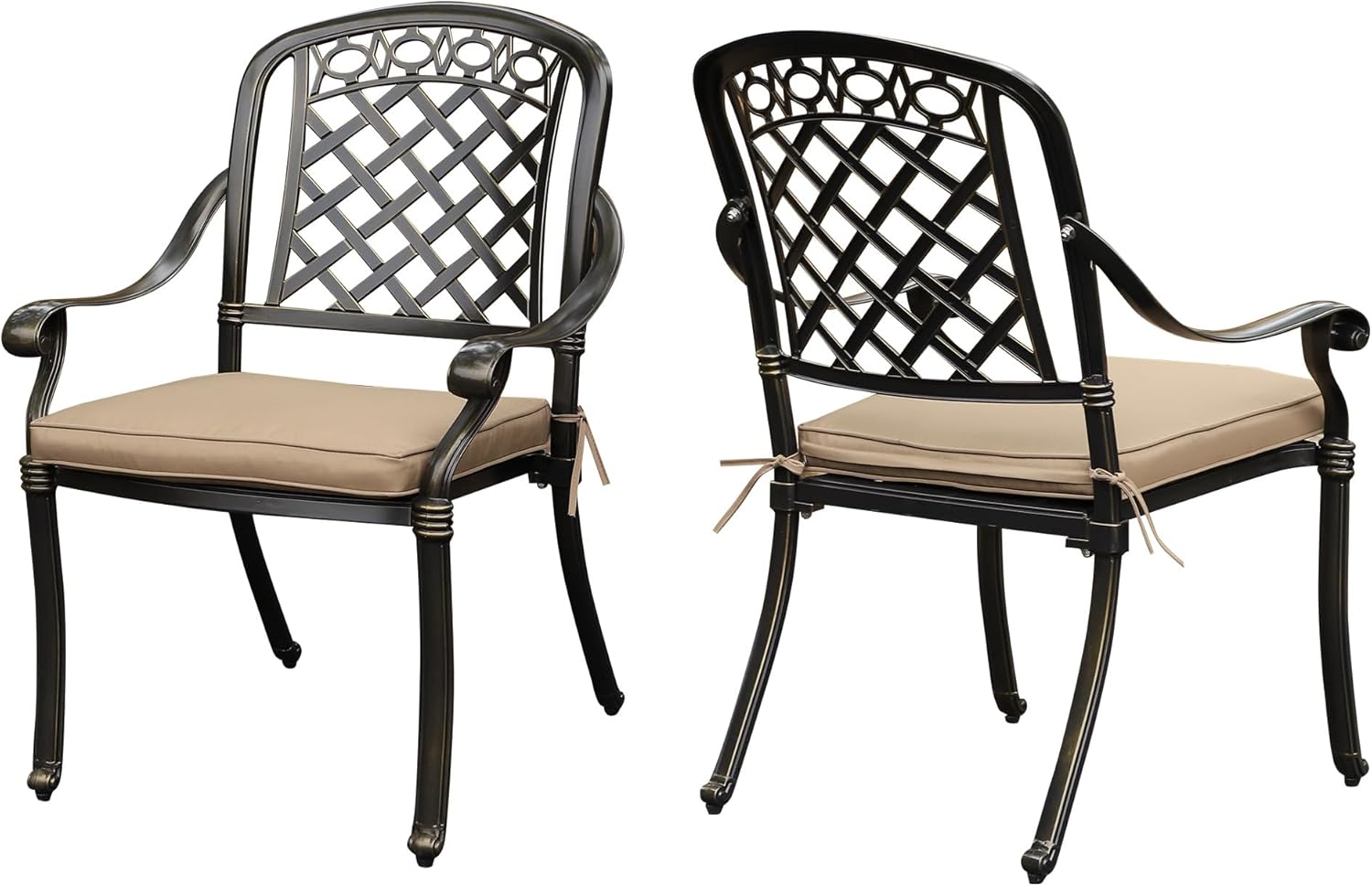 Juego de 2 sillas de comedor de aluminio fundido para patio, para todo tipo de clima, con reposabrazos y cojín, sillas de comedor apilables para