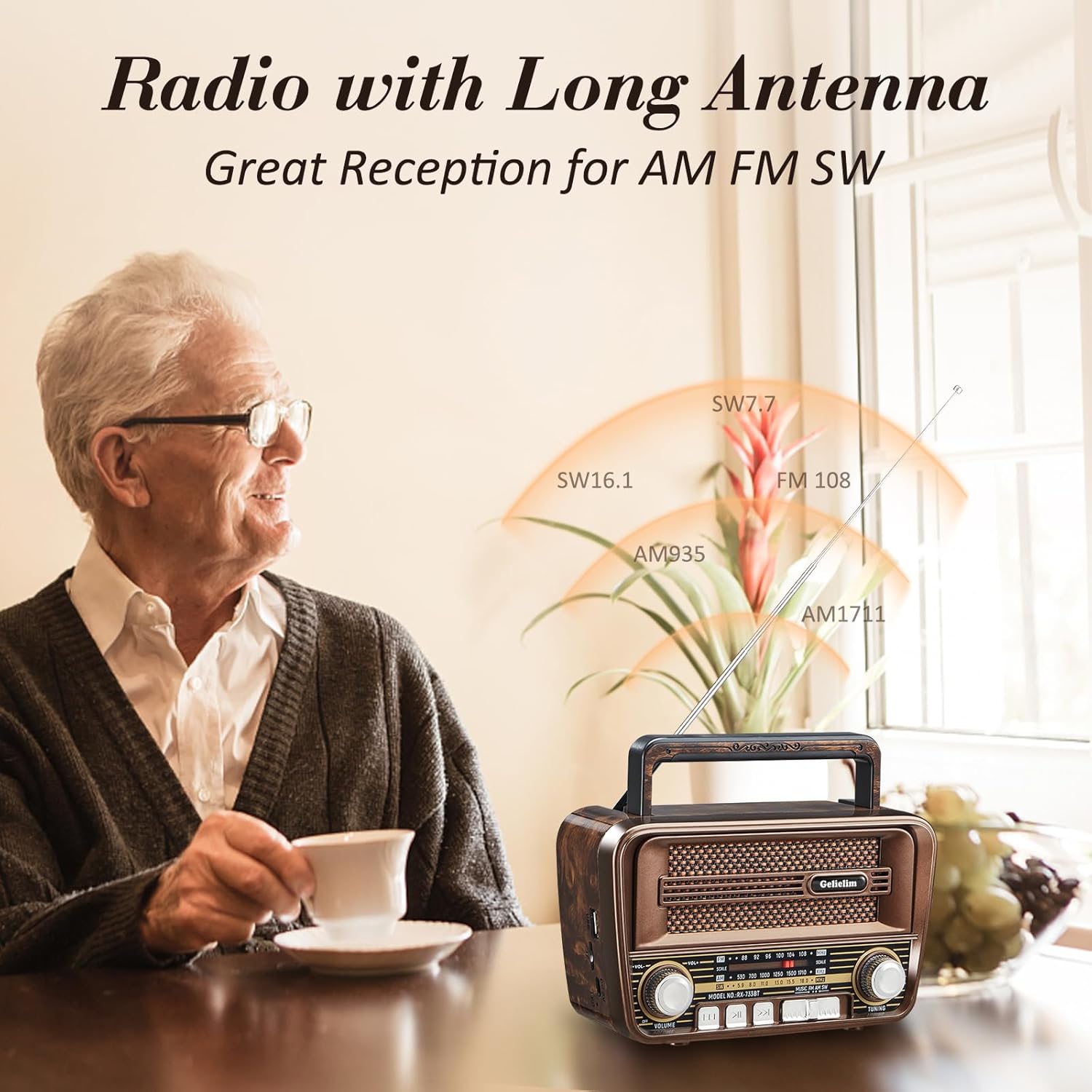 Gelielim Radio retro AM FM, radio portátil de onda corta con la mejor recepción, altavoz Bluetooth 5.3, funciona con pilas, compatible con tarjeta