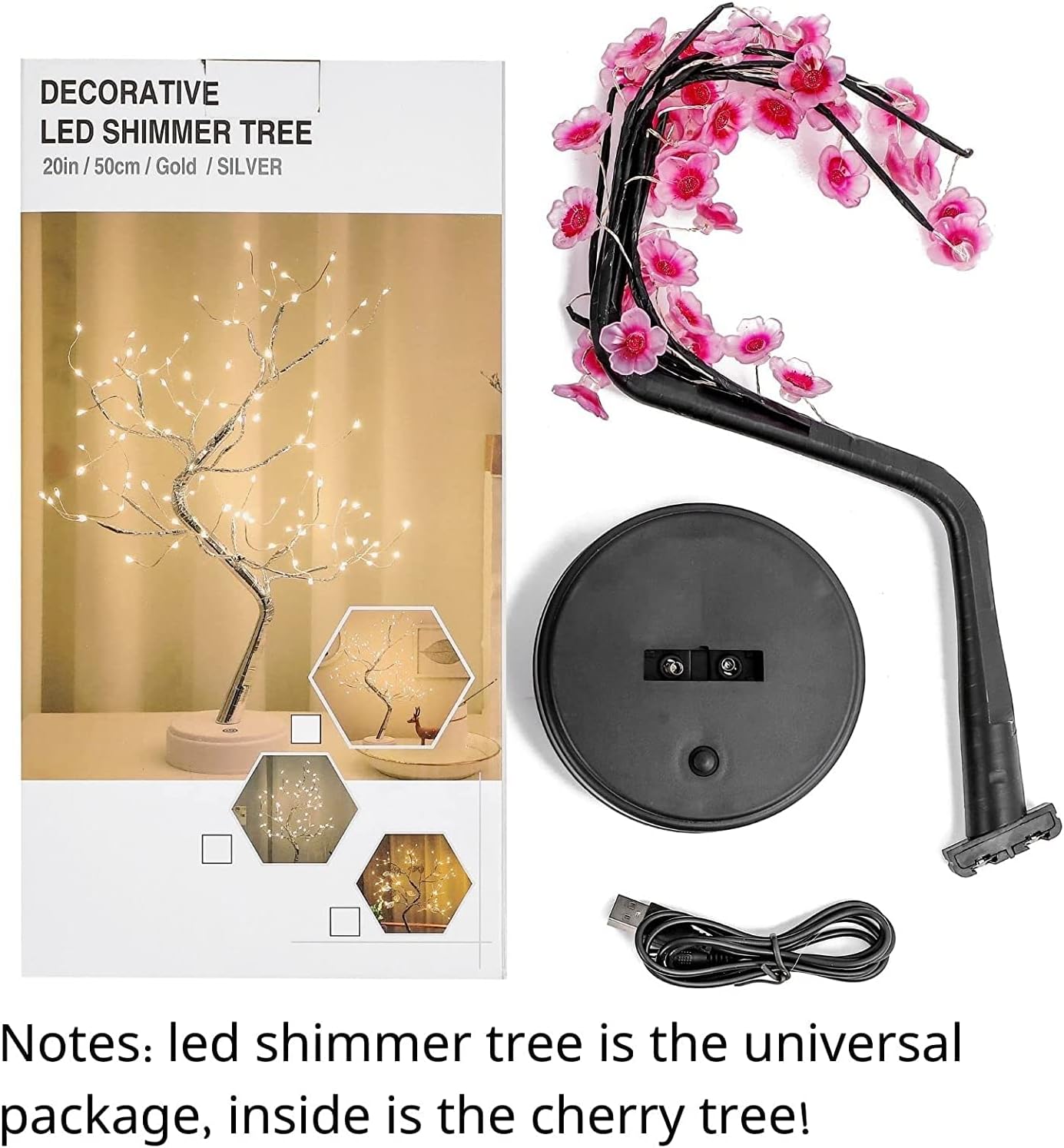 HoldOneLight Lámpara de luz de árbol bonsái de flor de cerezo, 36 LED, lámpara de árbol de decoración japonesa, batería y enchufe USB, lámpara de