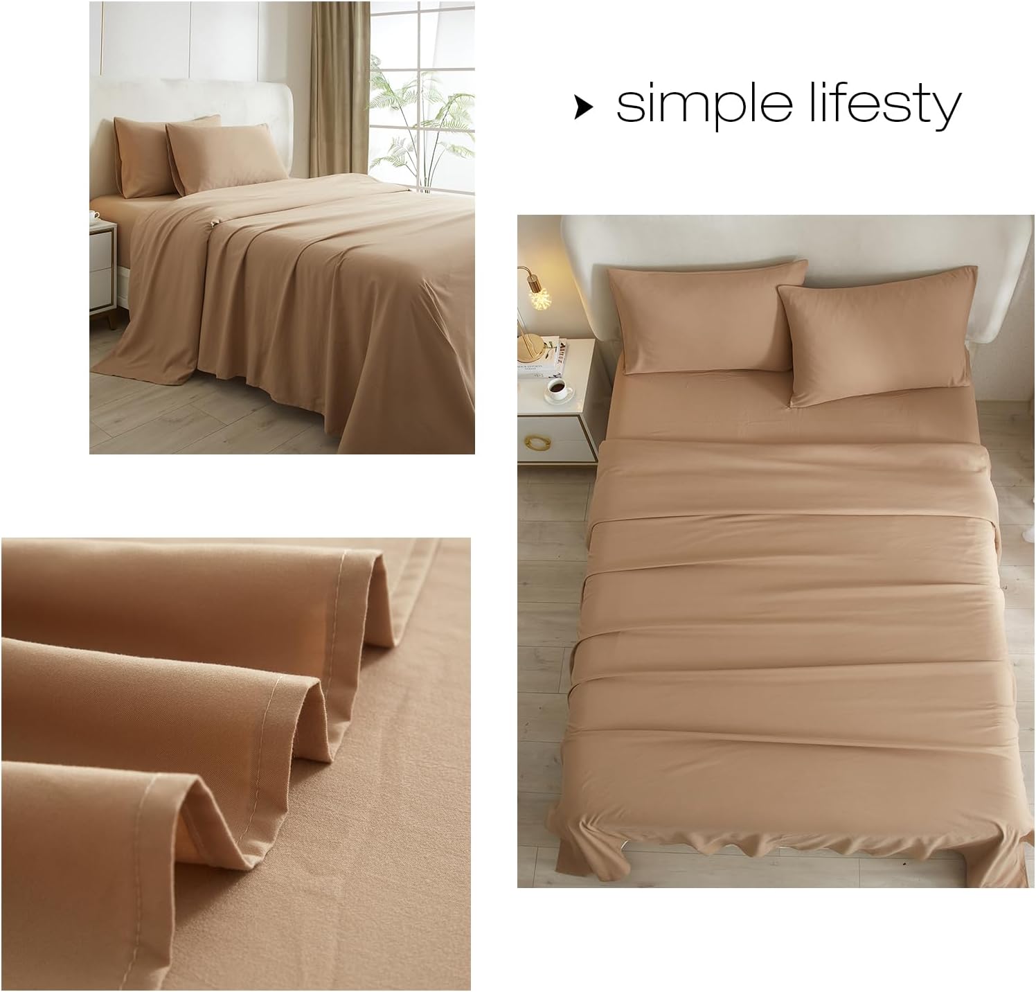 Juego de sábanas de 4 piezas, tamaño Queen, beige camello, refrescantes, sábanas y fundas de almohada, fácil ajuste, gran caída lateral de hasta 16