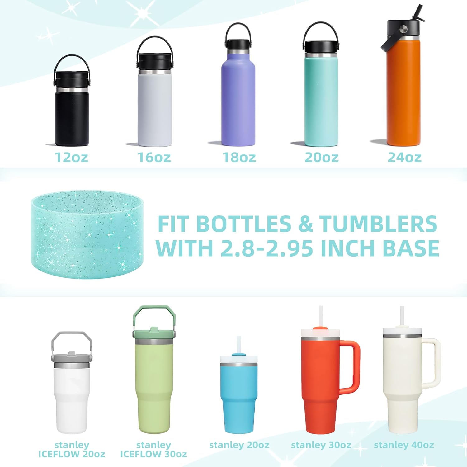 Vmini Funda protectora de silicona con purpurina, compatible con vaso Stanley de 20 a 40 onzas y botella de agua Hydro Flask de 12 a 24 onzas y más