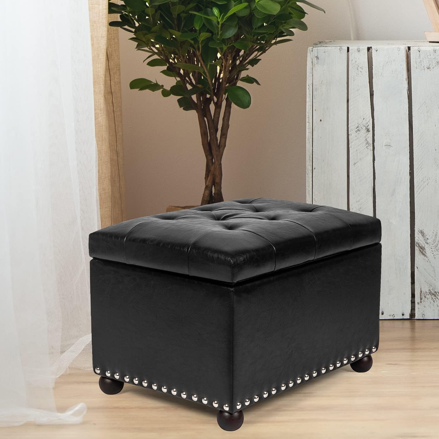 Joveco Otomana rectangular de almacenamiento, banco de almacenamiento de piel sintética con tapa elevable, mesa auxiliar, reposapiés para sala de