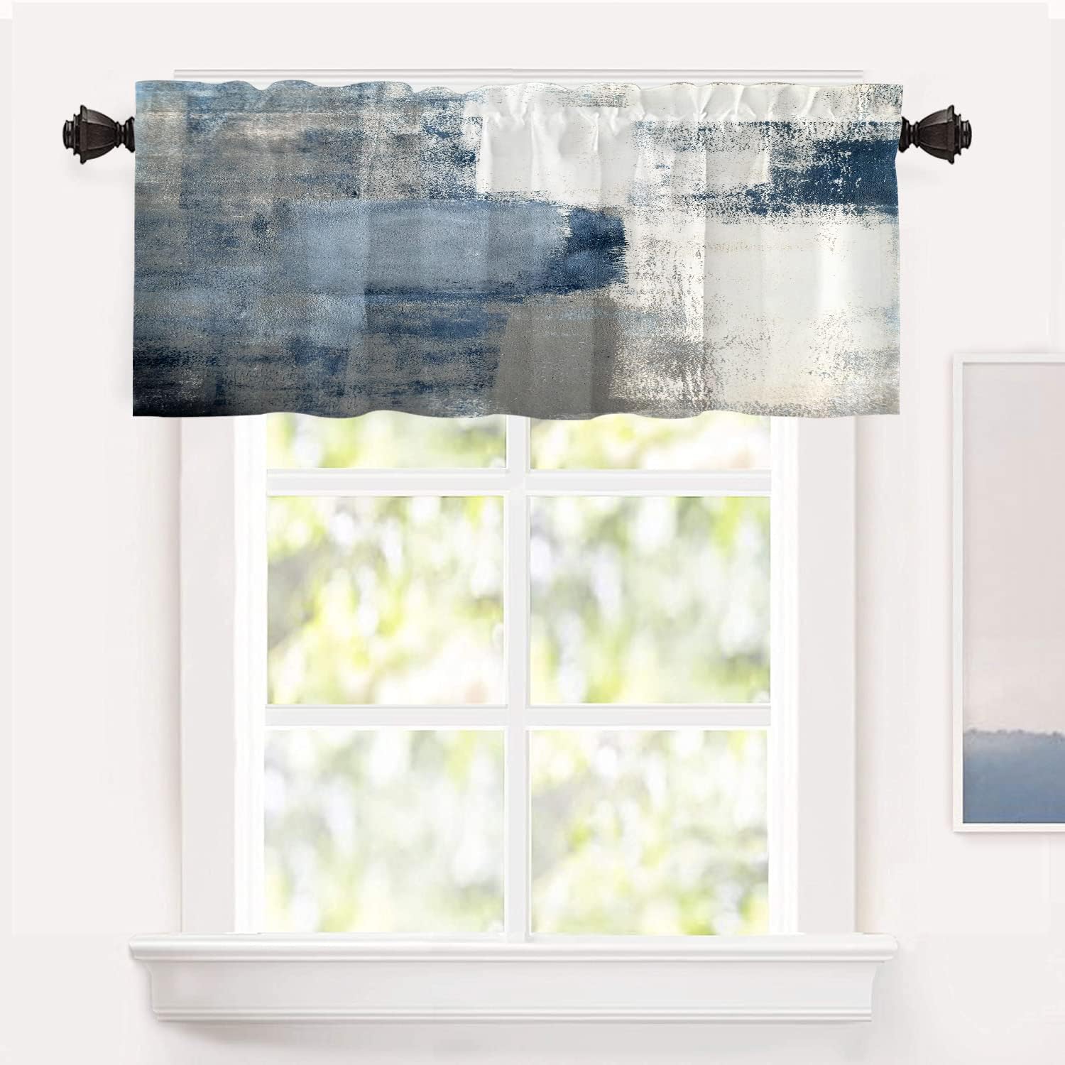 Shrahala Cenefas de cocina con diseño de arte azul y gris, pintura abstracta azul y gris, cortina de media ventana, tratamiento de ventana, opaco de