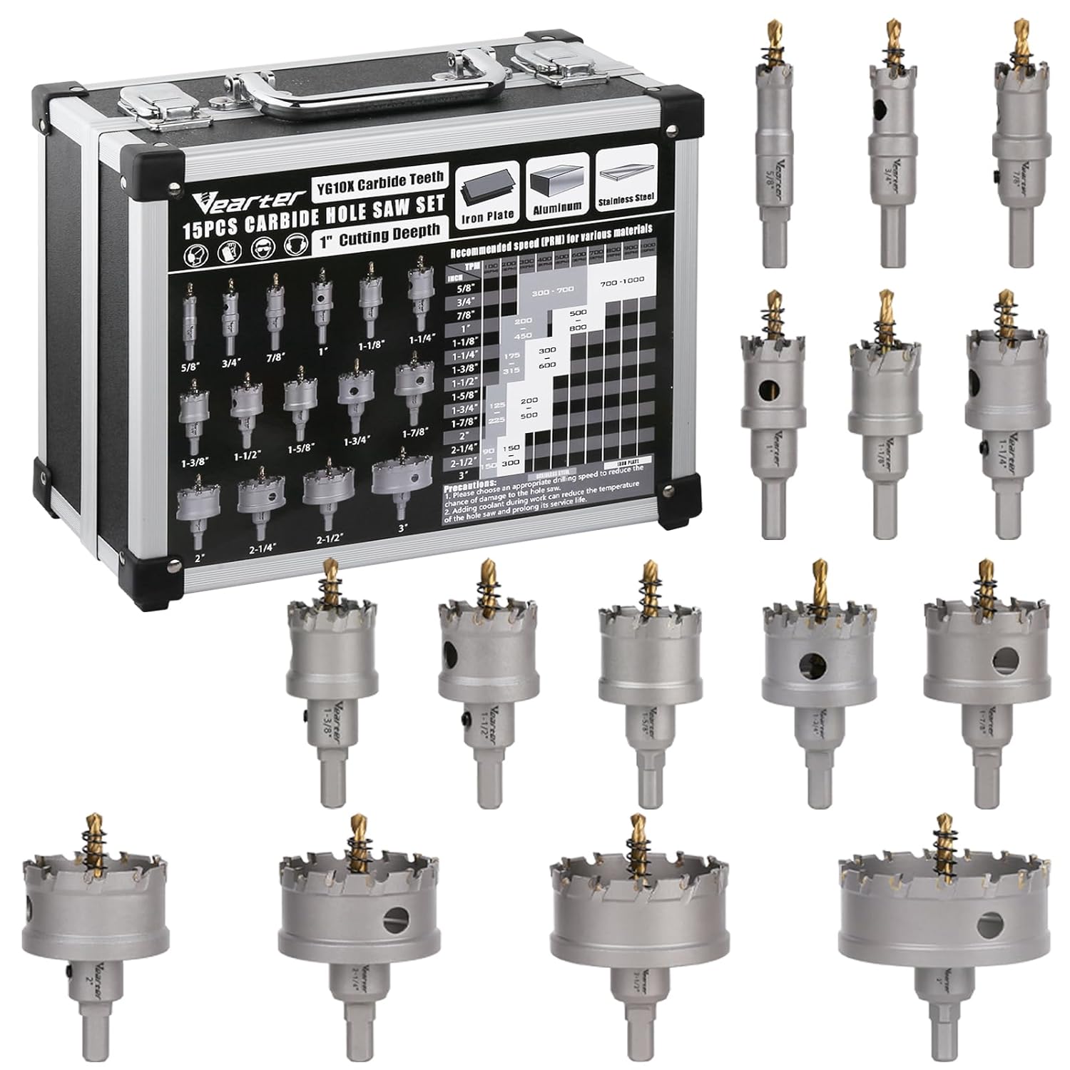 Kit de sierra perforadora TCT de 15 piezas, juego de brocas de carburo de 58 a 3 pulgadas con taladro piloto, sierra perforadora para metal duro,