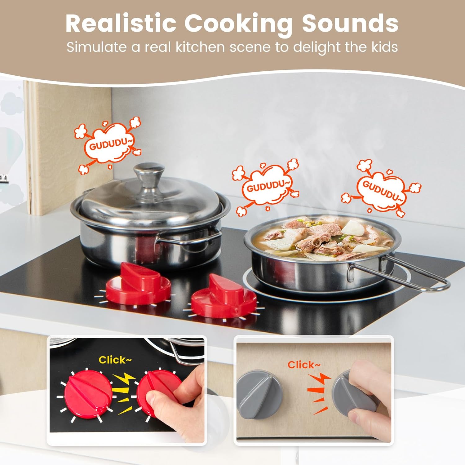 HONEY JOY Juego de cocina para niños, cocina de madera para niños pequeños, microondas, campana extractora, máquina de hielo, 18 accesorios de