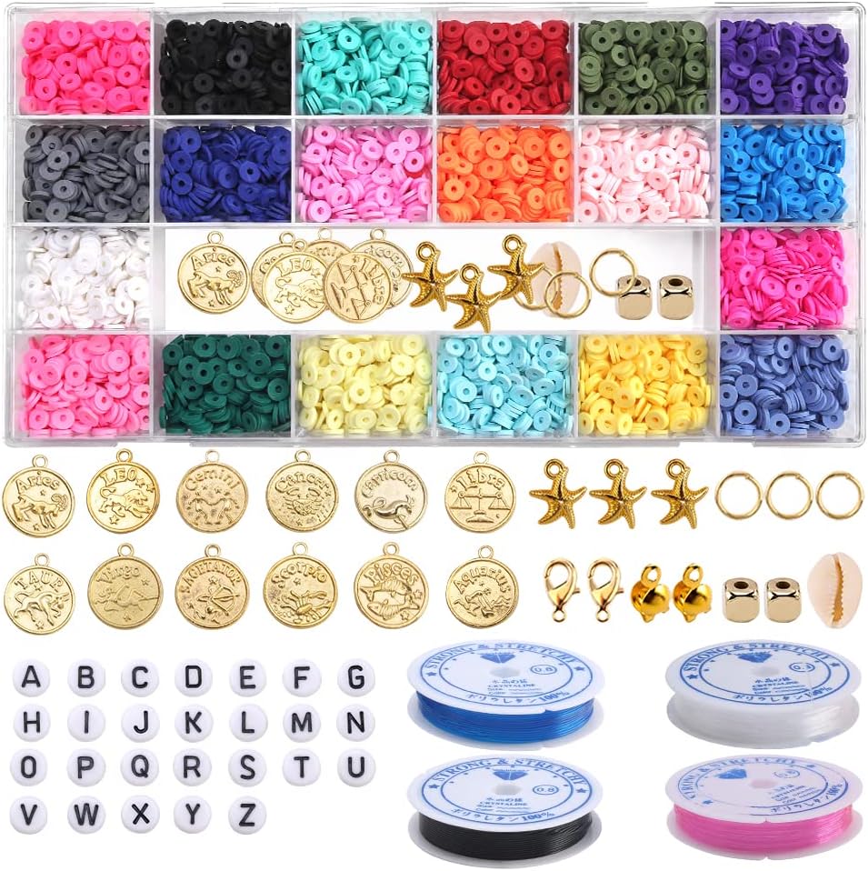 Kit de 4000 cuentas de arcilla para hacer pulseras, collares, regalos, espaciadores de polímero redondos planos con conchas, letras, 20 colores de