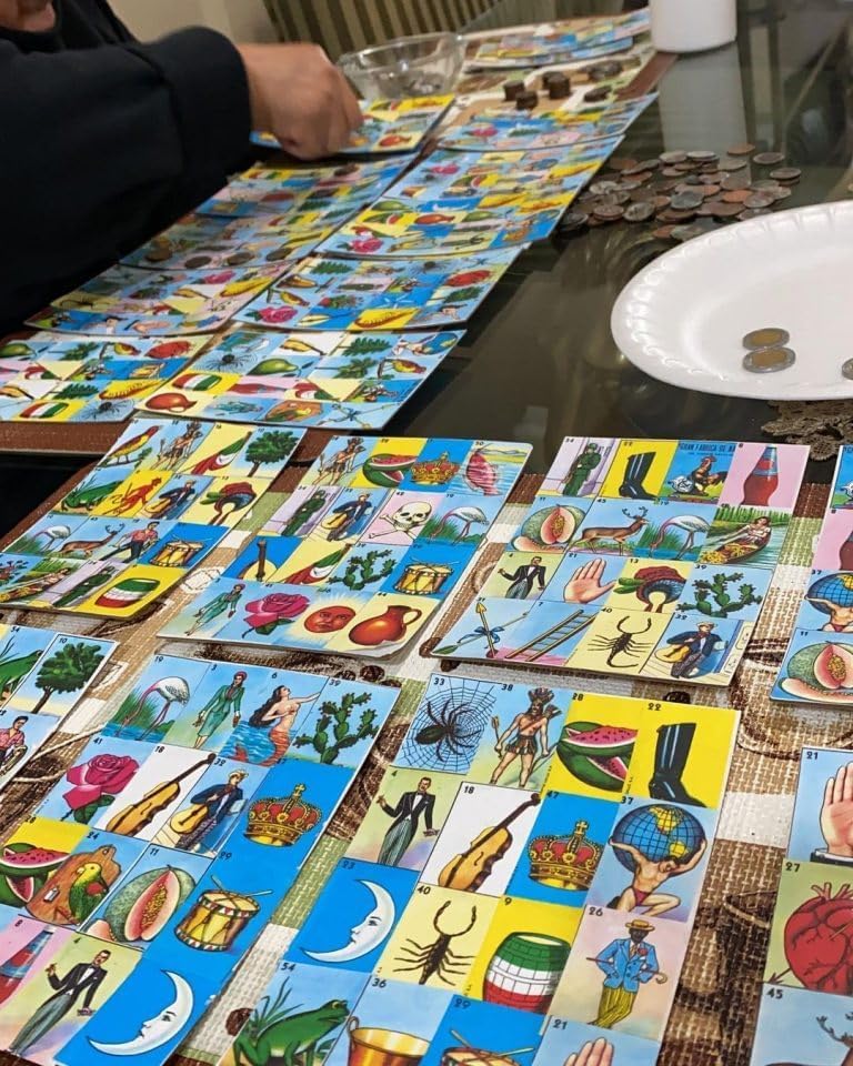 Juego de 10 tabletas de bingo mexicano y naipes gigantes españoles (combinado), tarjeta de lotería mexicana para 10 jugadores, 10 bardos y baraja