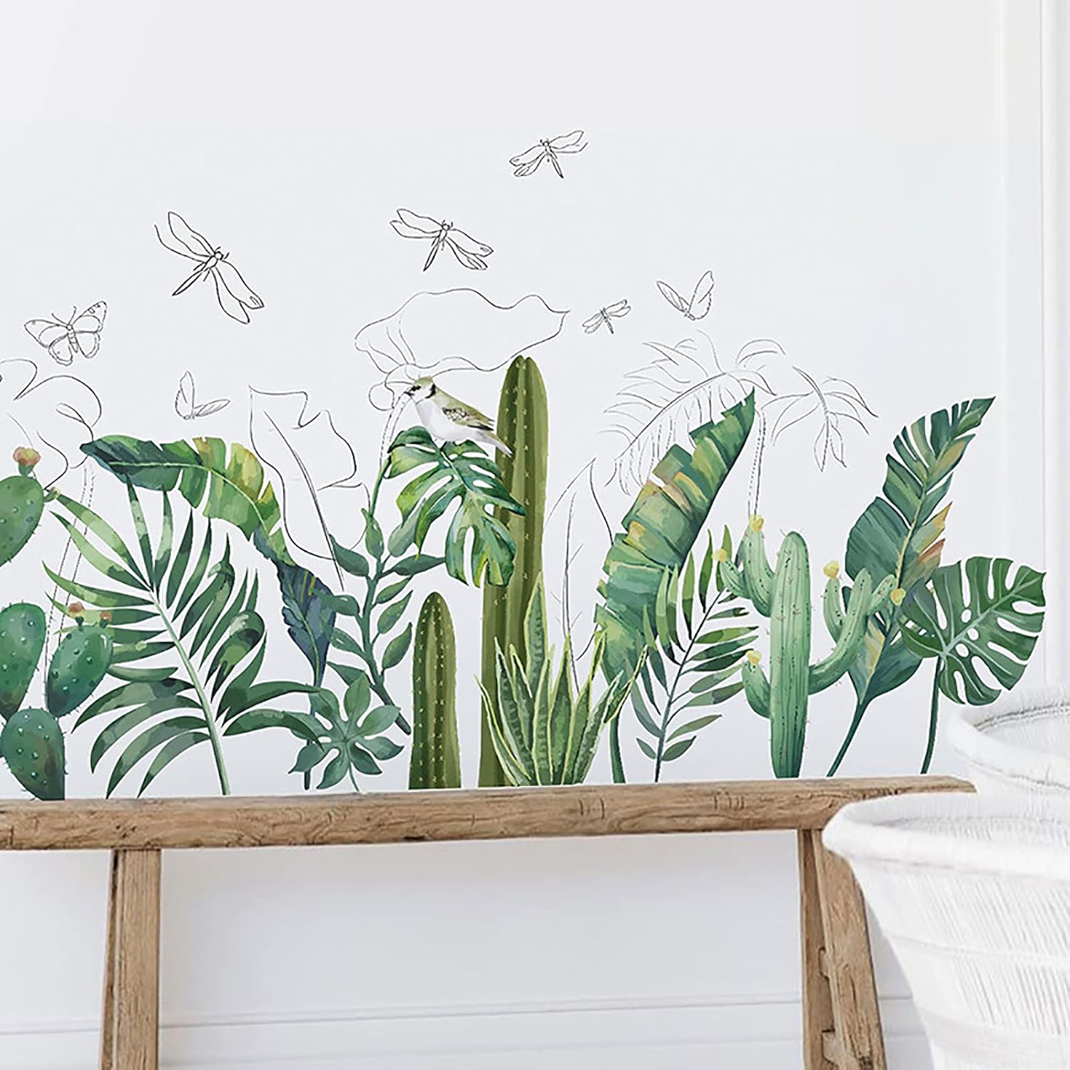 Calcomanías de pared de hojas tropicales, palmeras verdes extraíbles, plantas de árbol, cactus, calcomanías de pared para sala de estar, habitación
