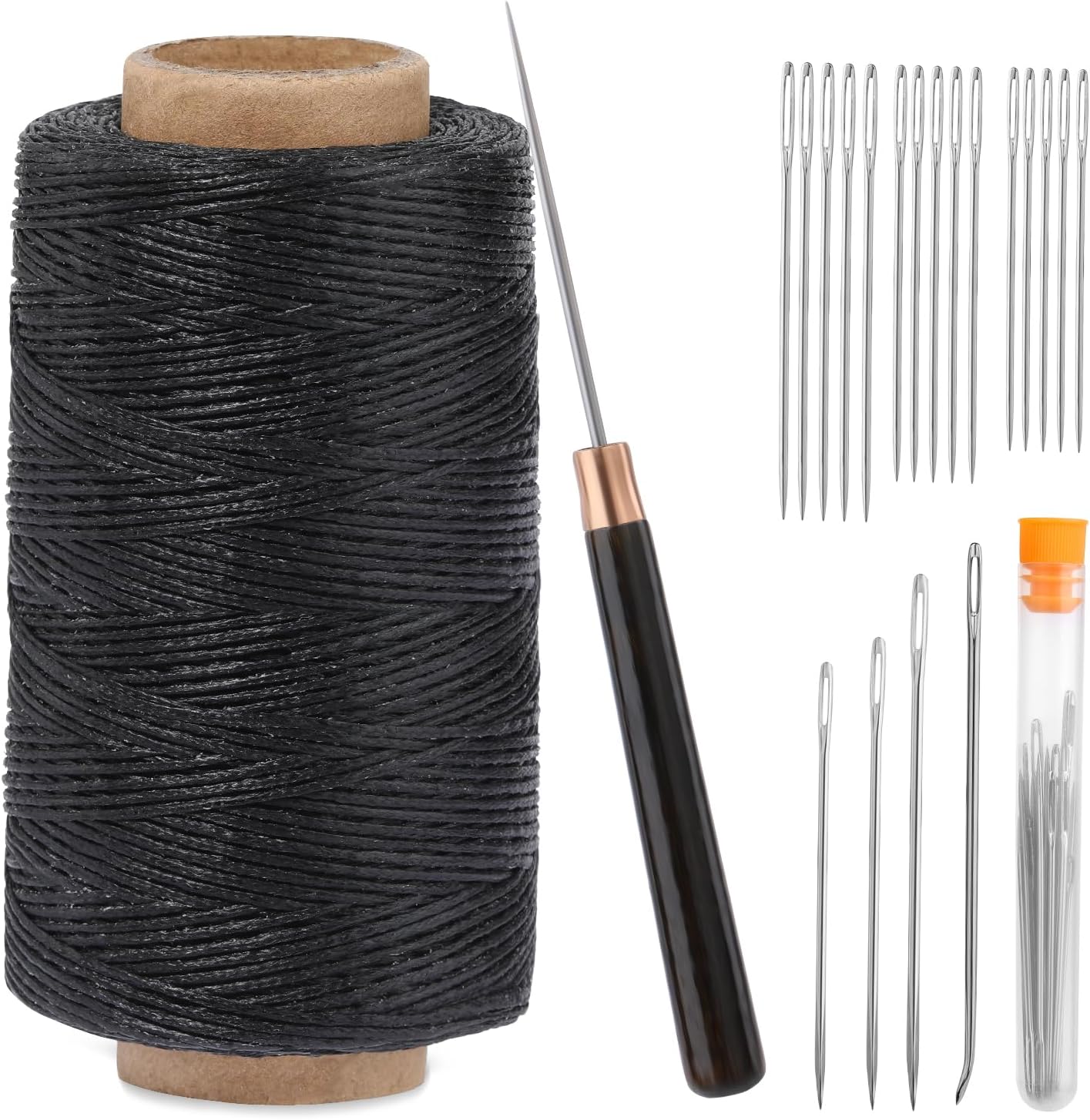TLKKUE Kit de hilo encerado para tapicería de cuero, 273 yardas, aguja de coser recta, punzón recto, kit de costura de cuerda de cera resistente
