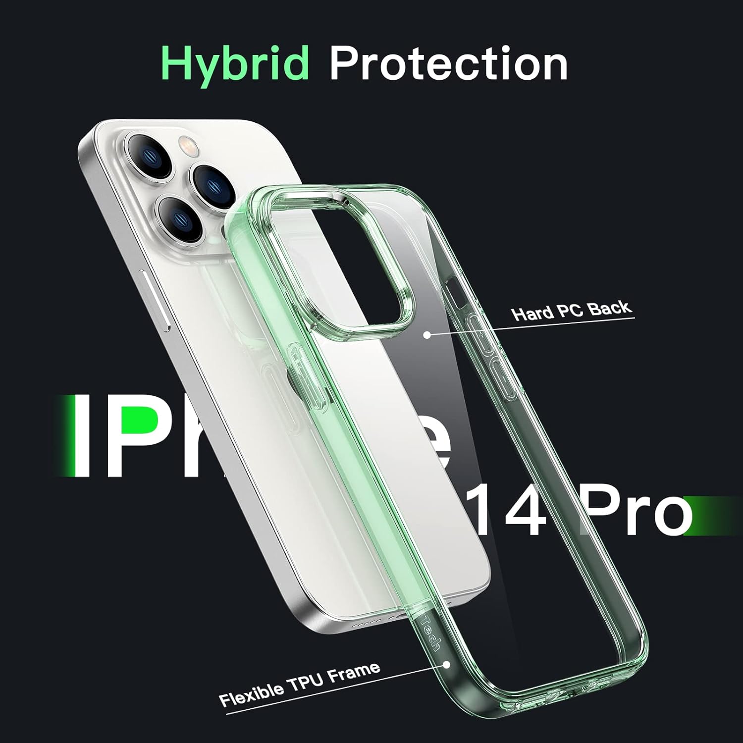 JETech Funda para iPhone 14 Pro de 6.1 pulgadas, no se pone amarillenta, a prueba de golpes, parte trasera transparente antiarañazos (verde