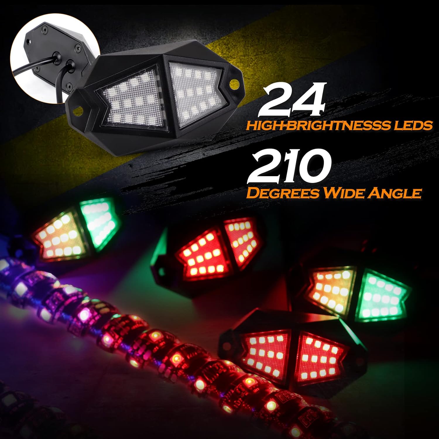 2 luces LED de látigo de 3 pies y 8 vainas de 210 grados de luces de roca de gran angular con aplicación y control remoto, modo de música,
